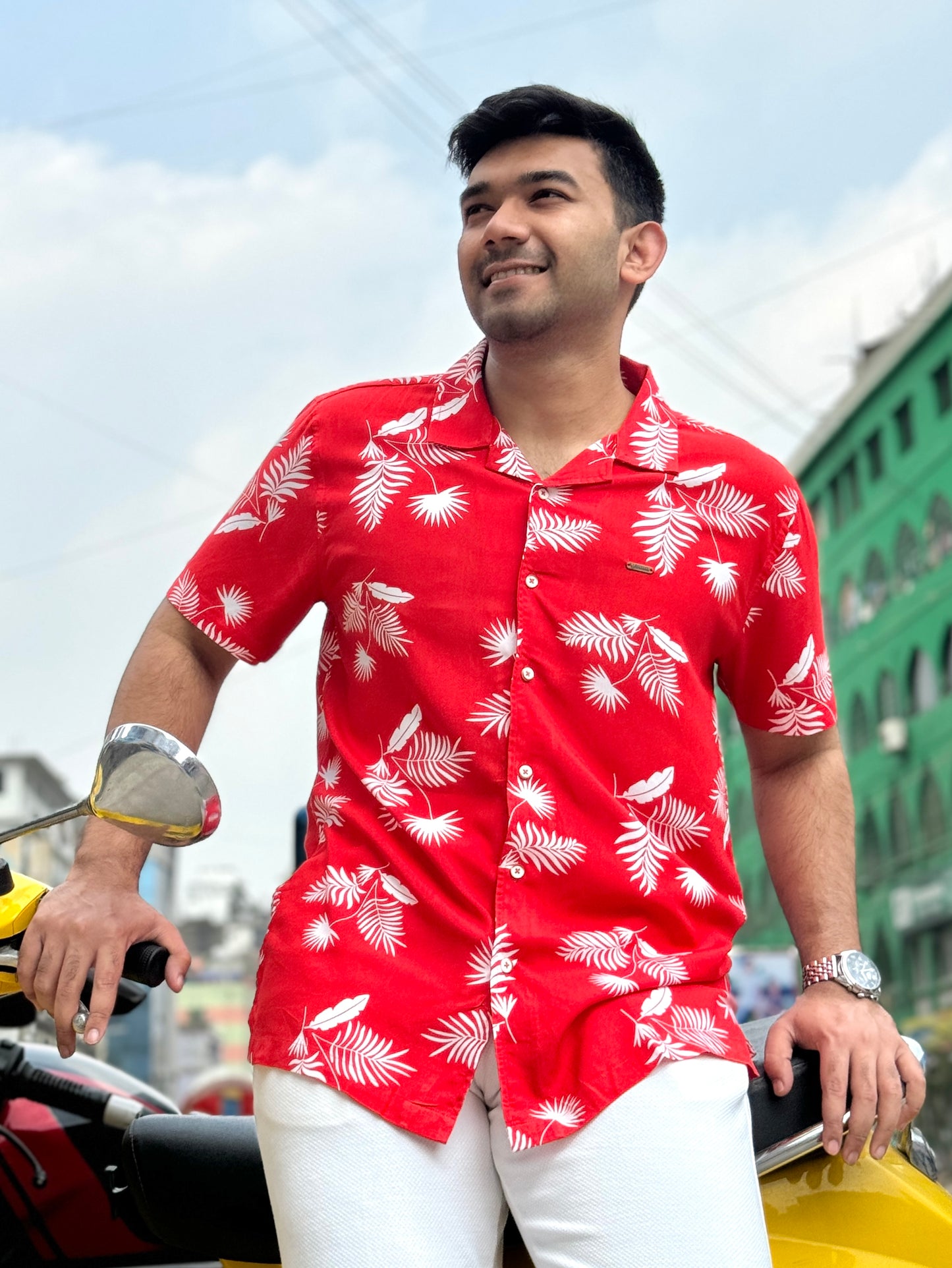 Flame Orange White Printed premium havana shirt