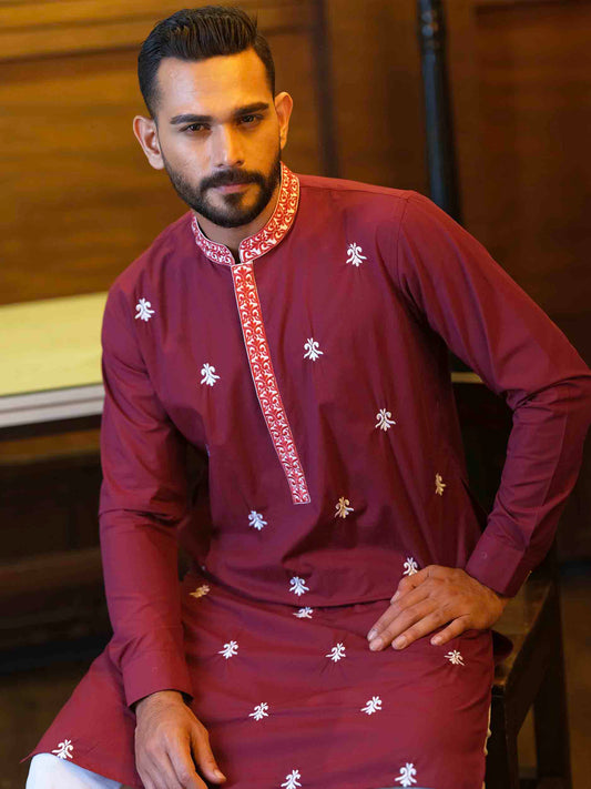 Maroon color full body embroidery exclusive panjabi