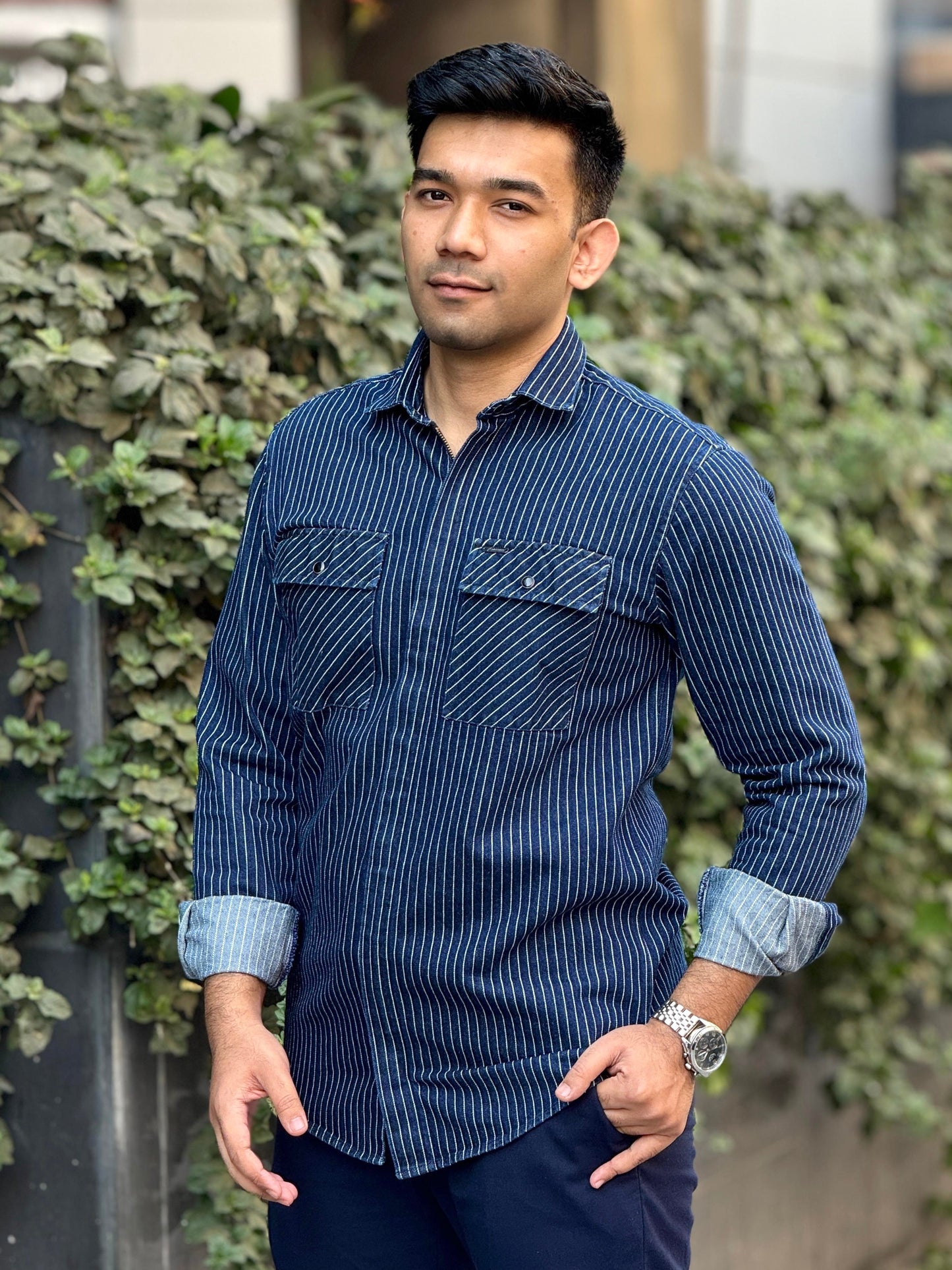 Blue stripe chain design denim full sleeve