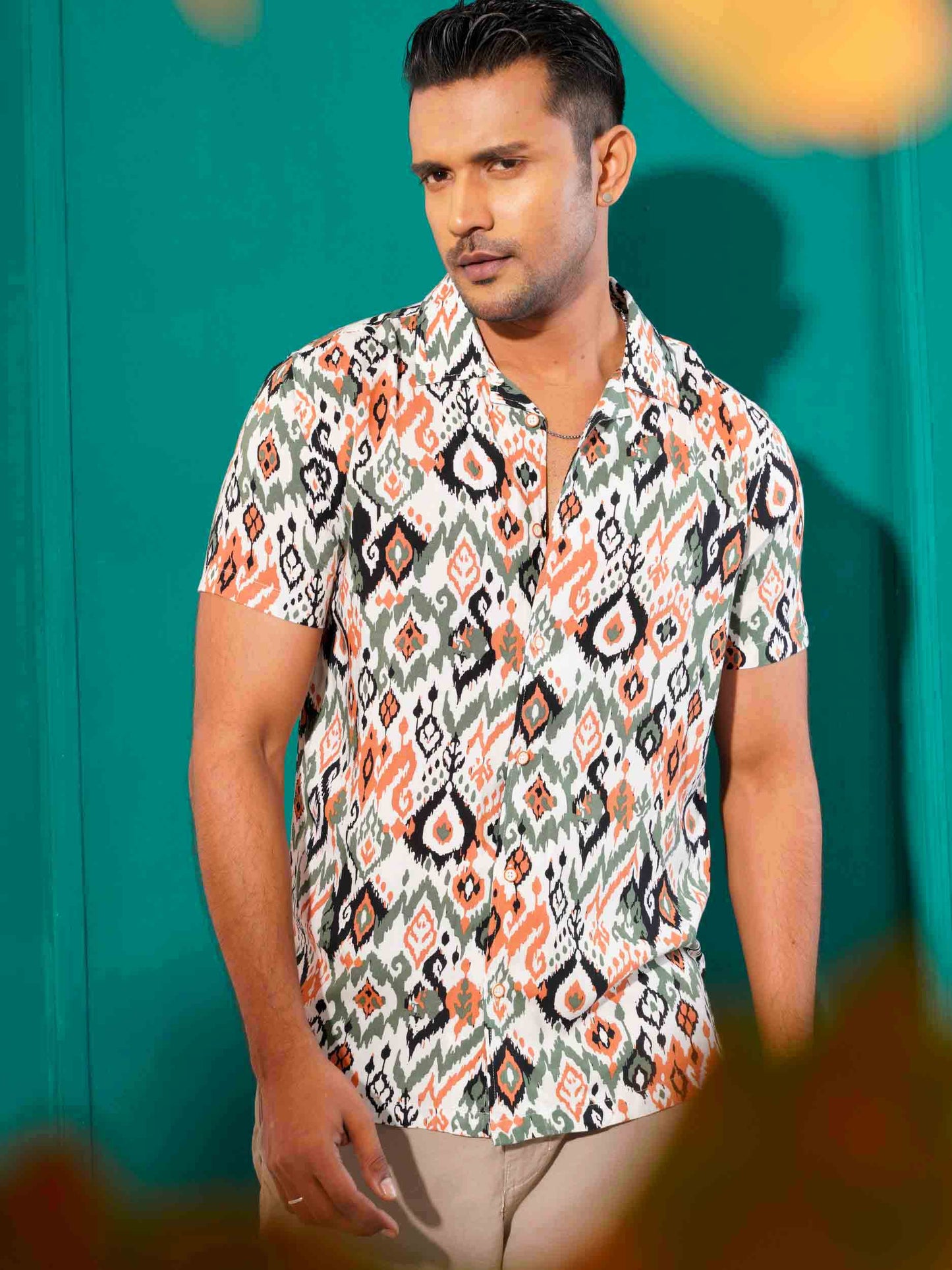 White-Yellow green pentagonal cube printed havana shirt