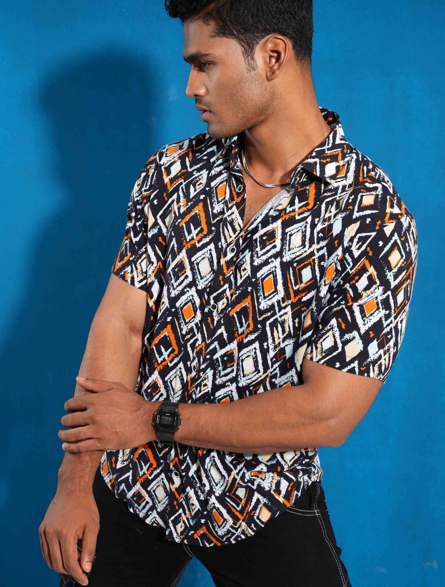 Black-orange printed linen half sleeve