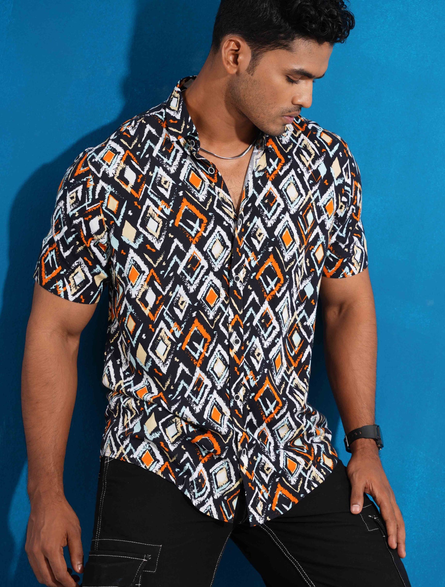 Black-orange printed linen half sleeve