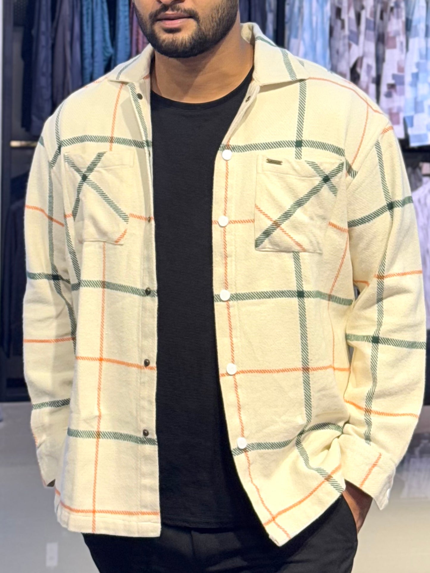 Cream green orange check premium shacket