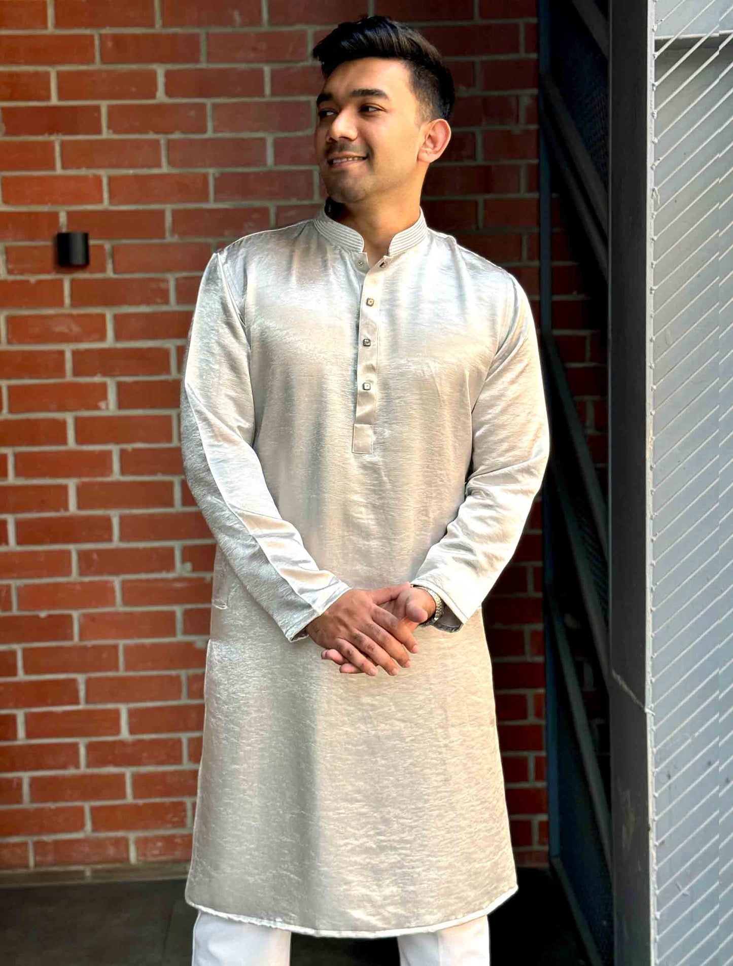 Glossy Pastel cream Printed Collar design Premium Panjabi
