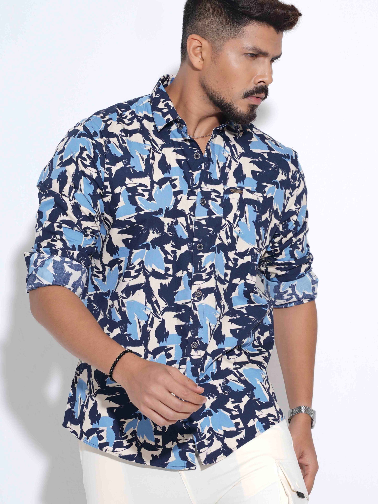 Cream Black Blue printed full sleeve shirt