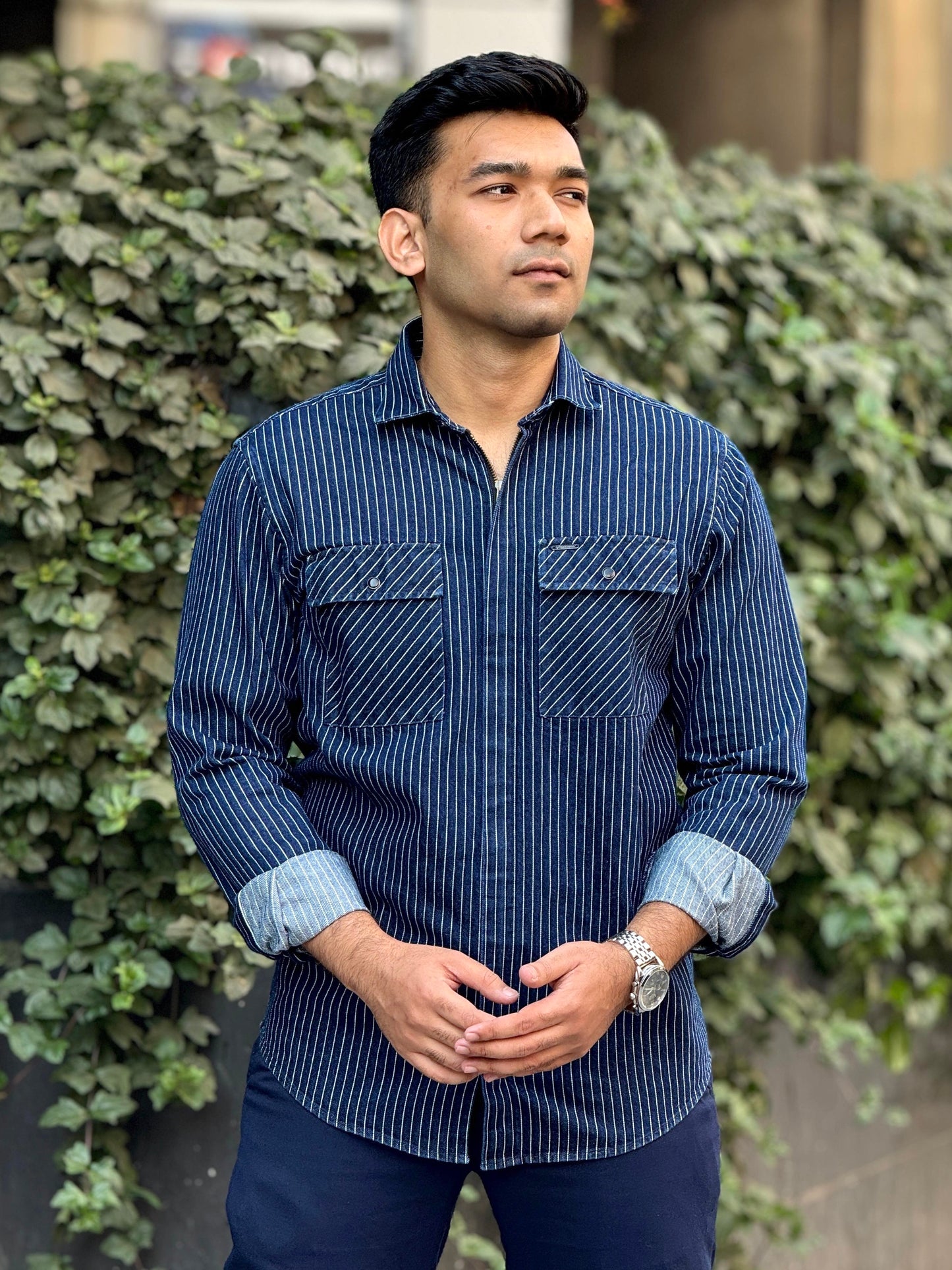Blue stripe chain design denim full sleeve