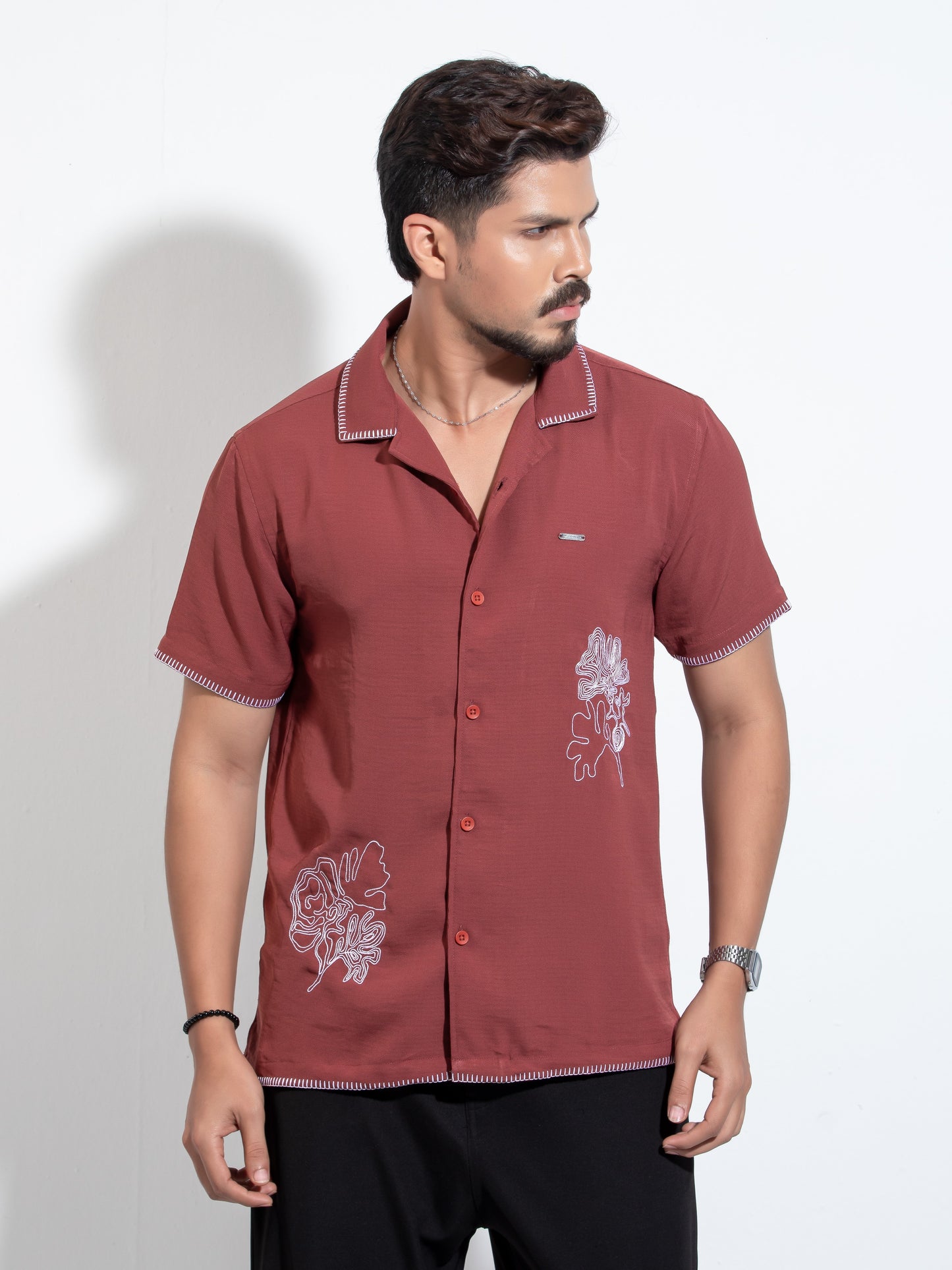 Maroon Flower Embroidery Viscos havana shirt