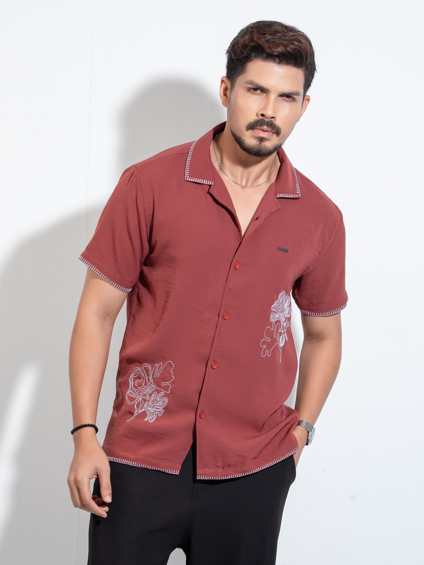 Maroon Flower Embroidery Viscos havana shirt