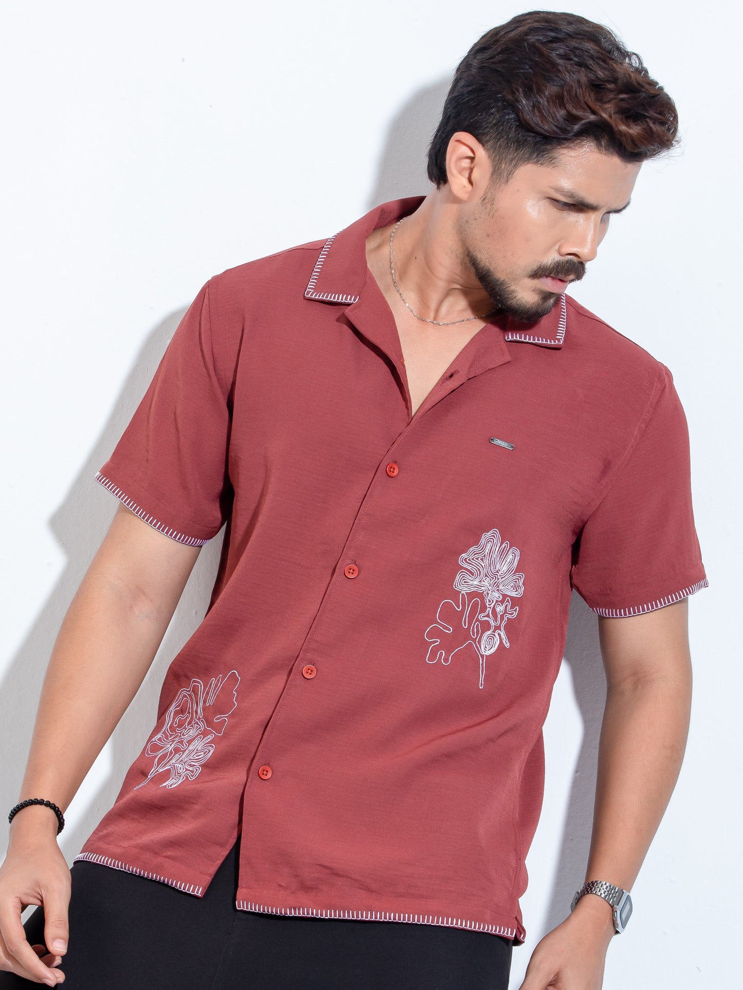 Maroon Flower Embroidery Viscos havana shirt