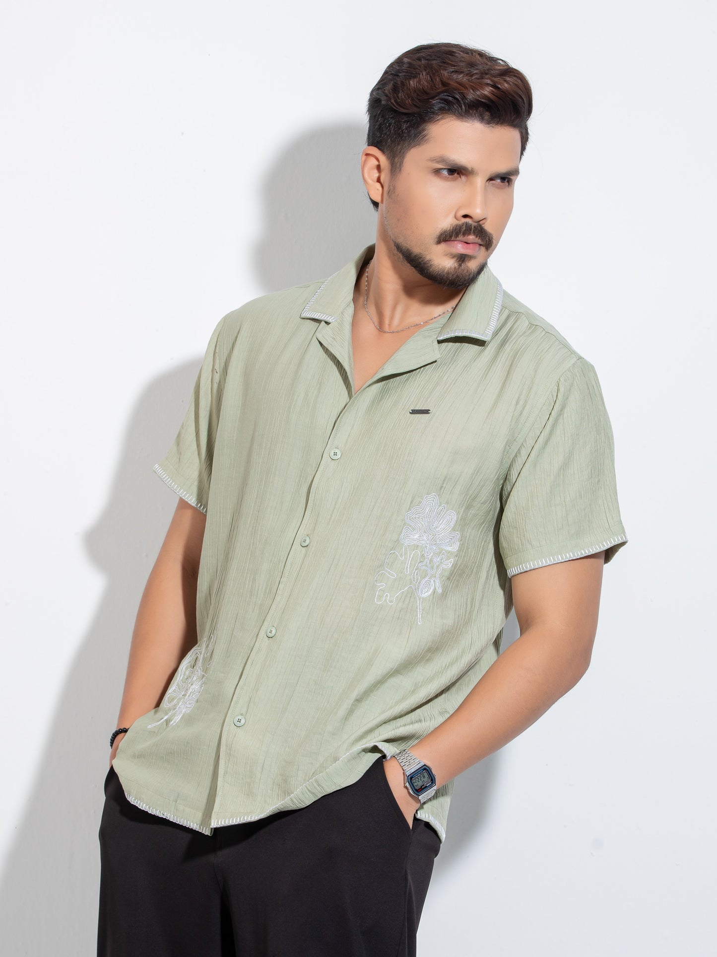 Olive Flower Embroidery Viscos havana shirt