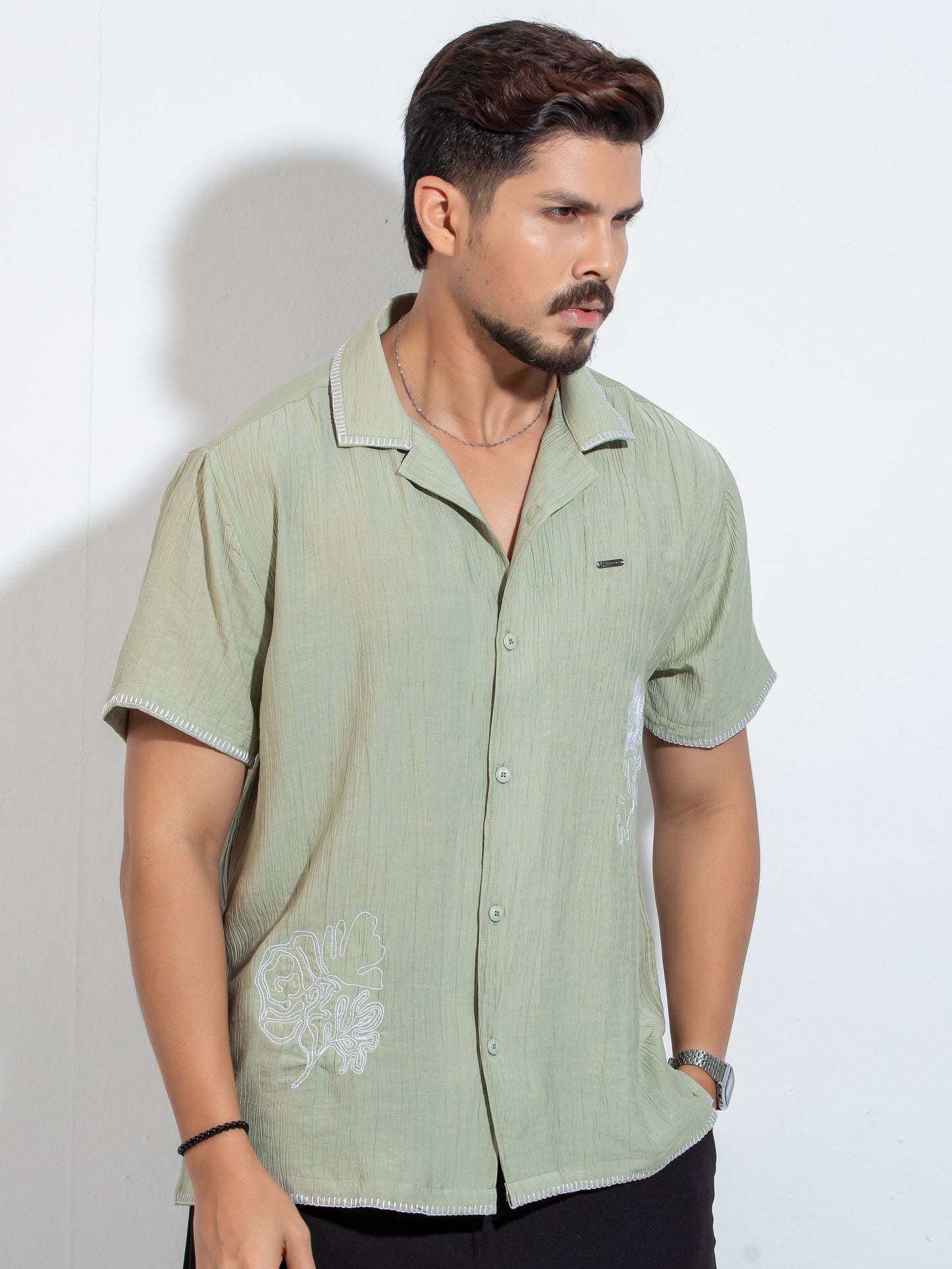 Olive Flower Embroidery Viscos havana shirt