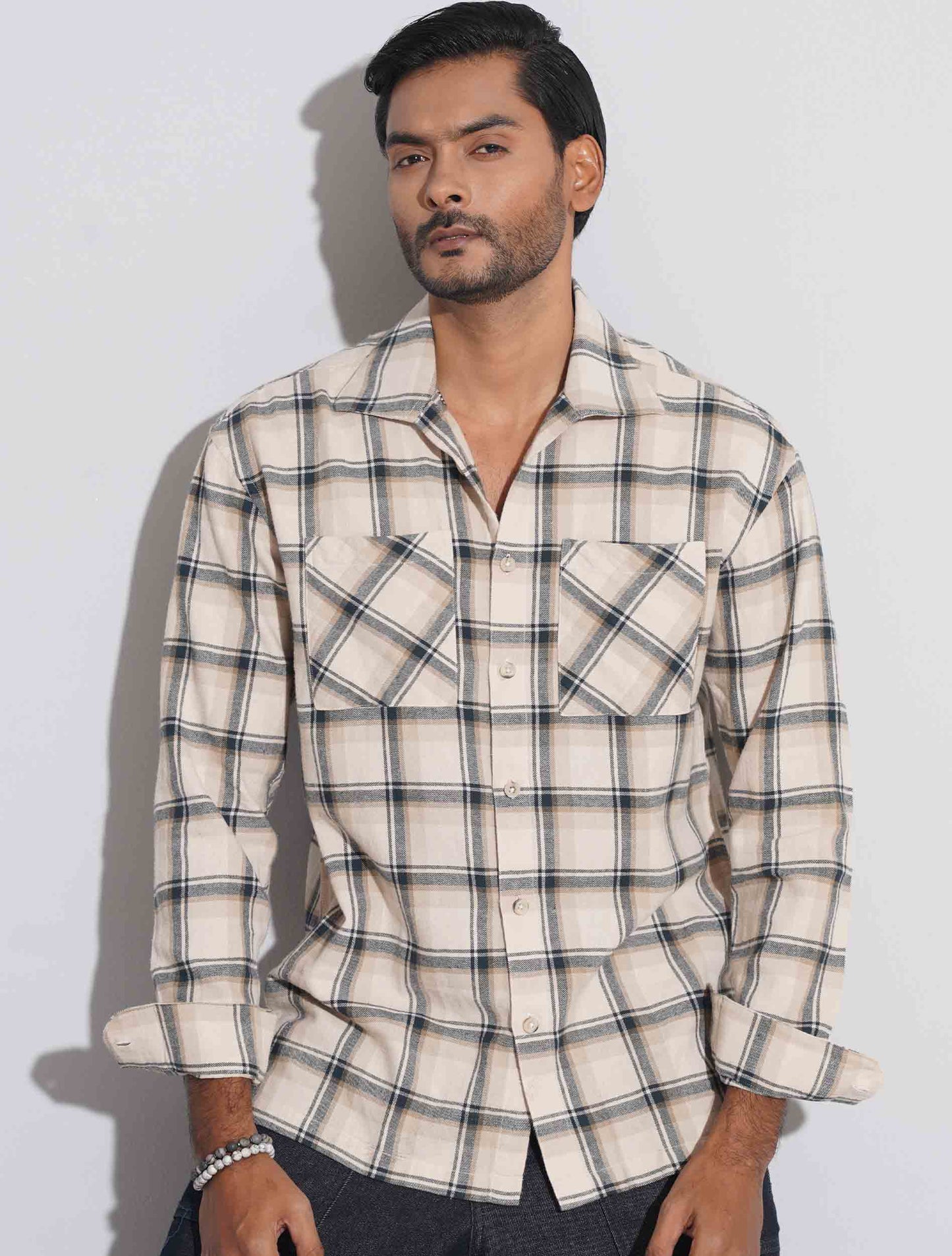 Ivory cream check flannel fabric shacket