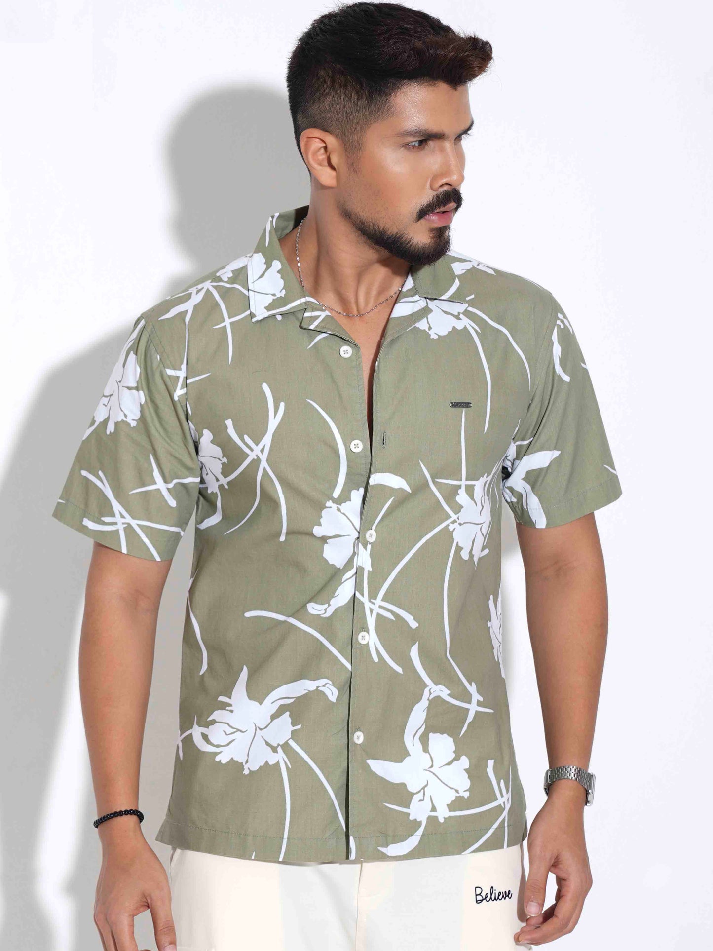Olive Hibiscus leaf printed Havana shirt
