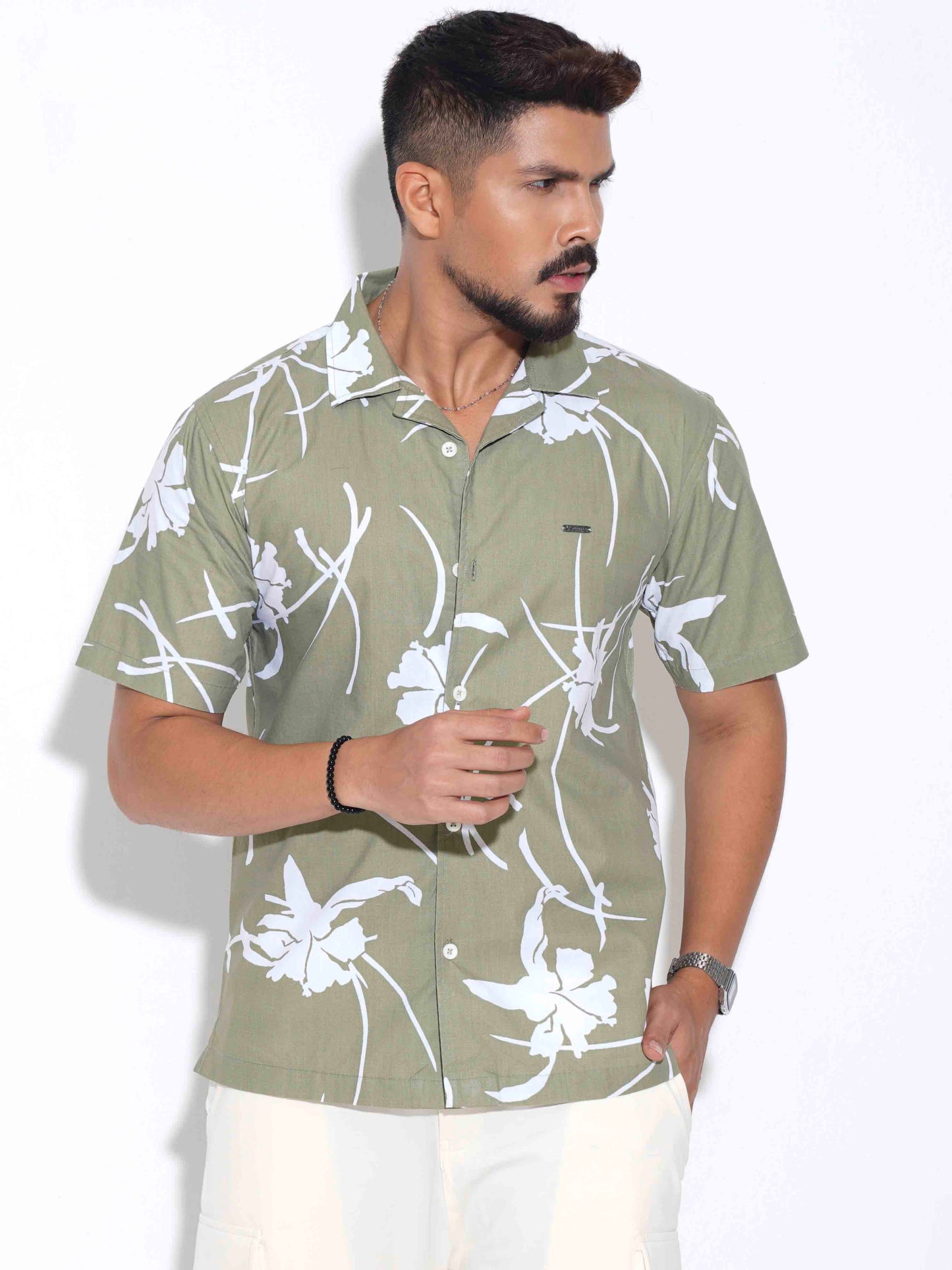 Olive Hibiscus leaf printed Havana shirt