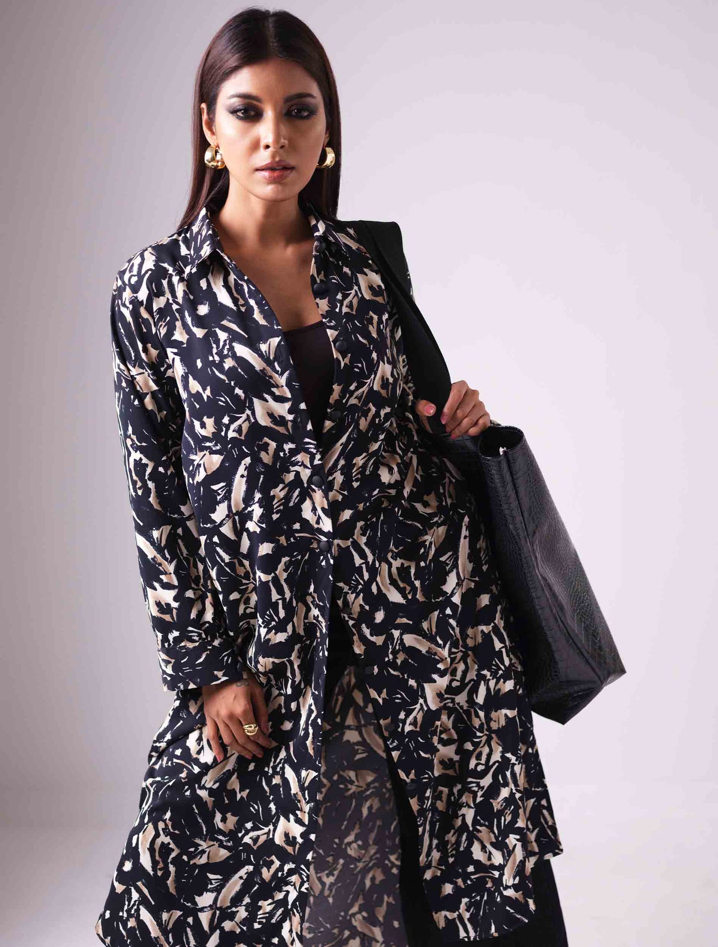 Brown cream abstract printed female long shirt