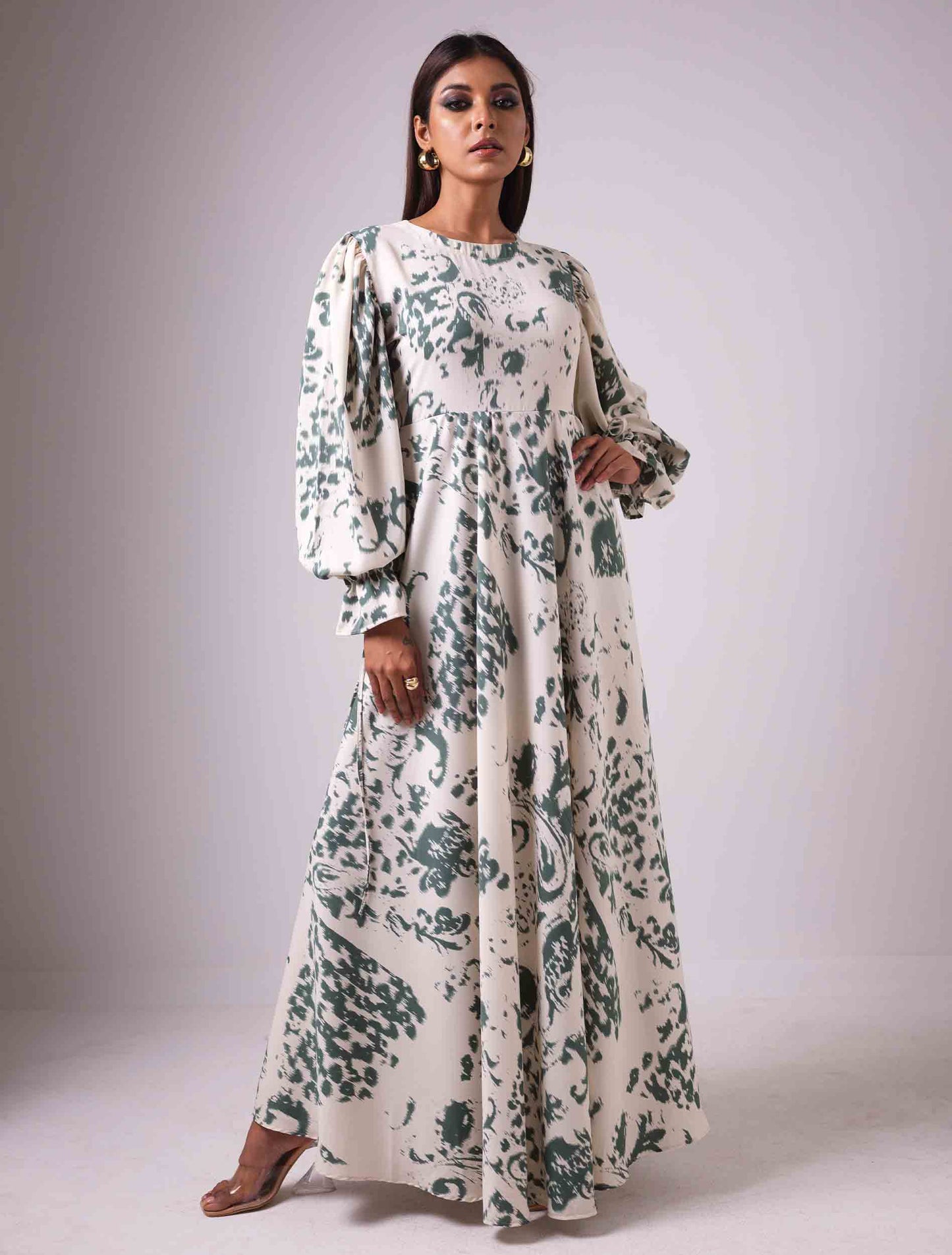 Cream green scroll printed Gown design female dress