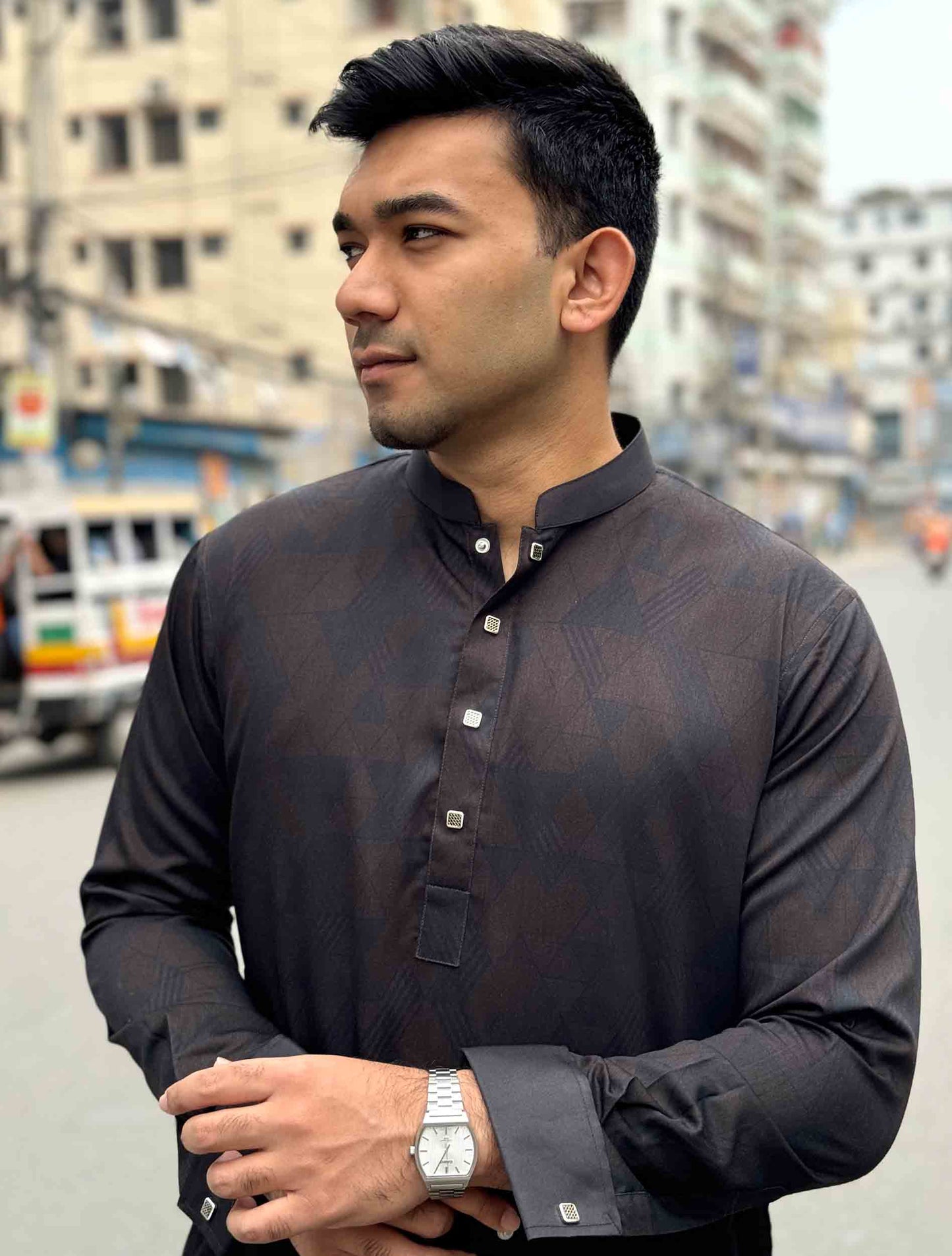 Black dark coffee printed Bamboo silk premium panjabi