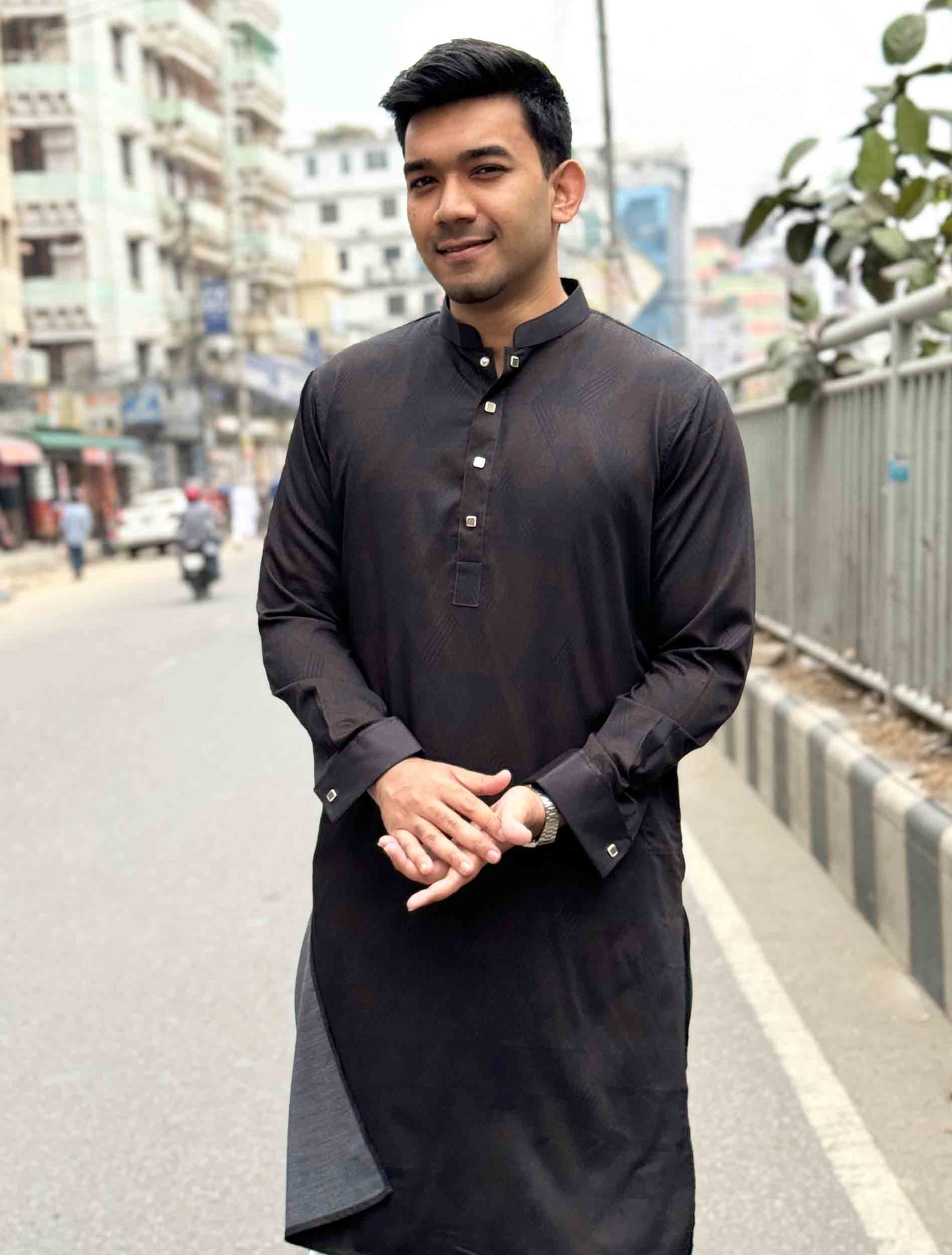 Black dark coffee printed Bamboo silk premium panjabi