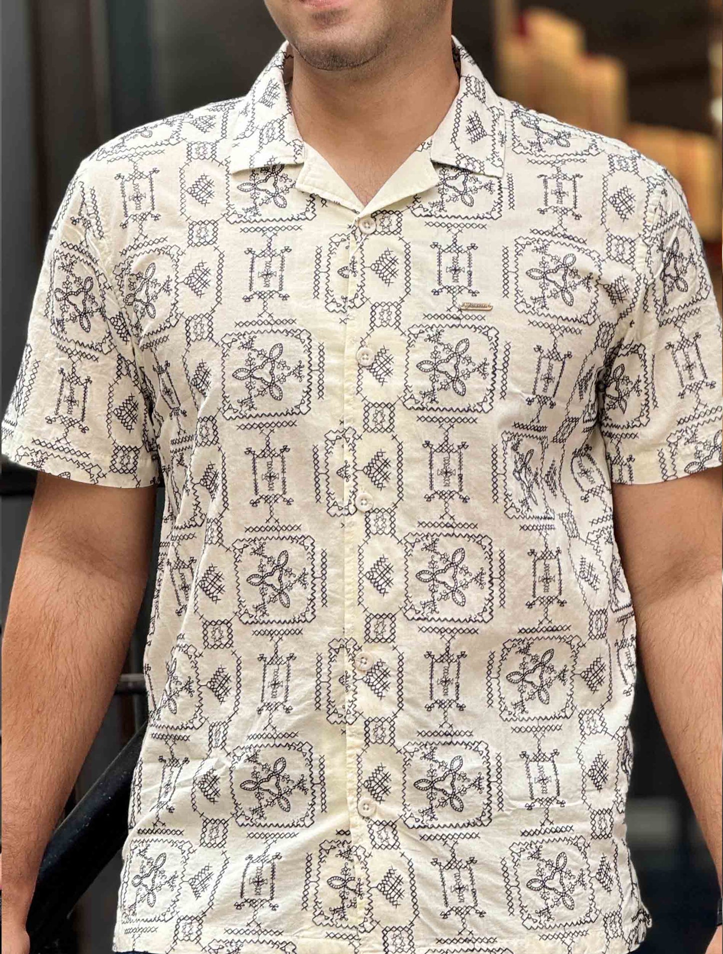 Cream Black Full Embroidery havana shirt