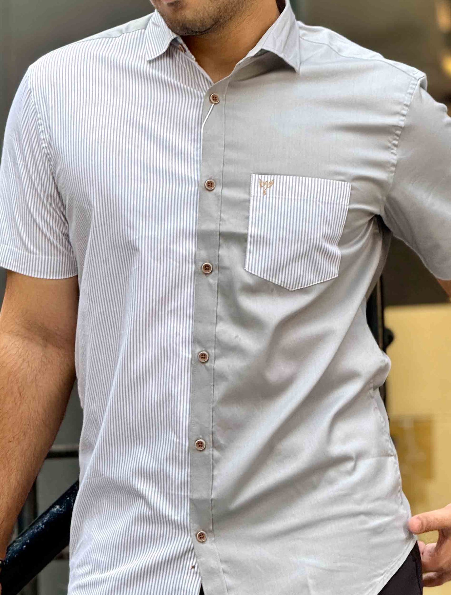 Fossil gray half stripe contrast half sleeve shirt