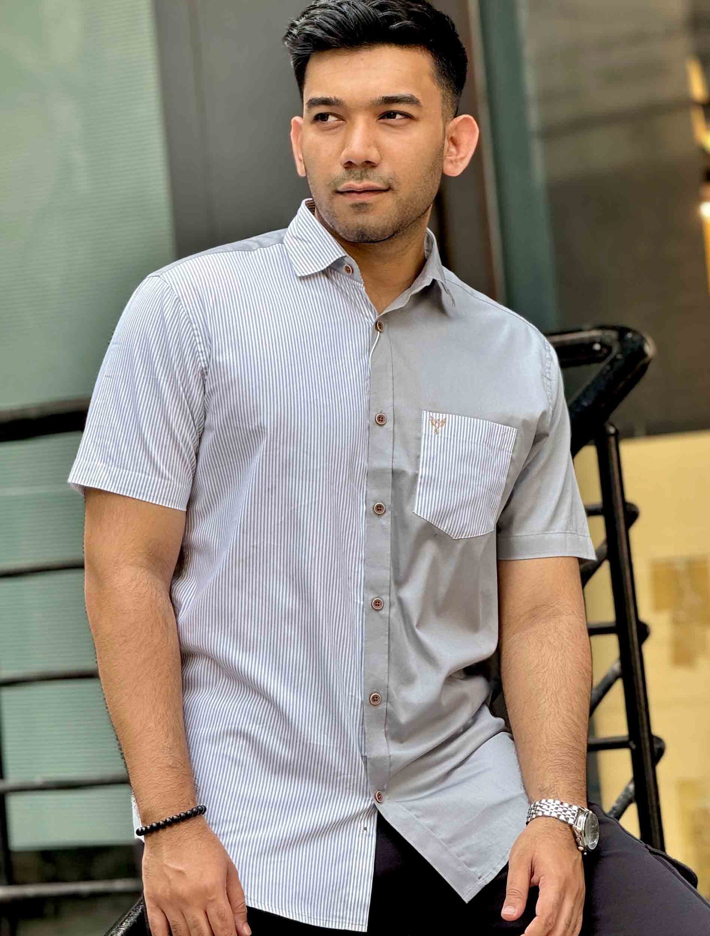 Fossil gray half stripe contrast half sleeve shirt
