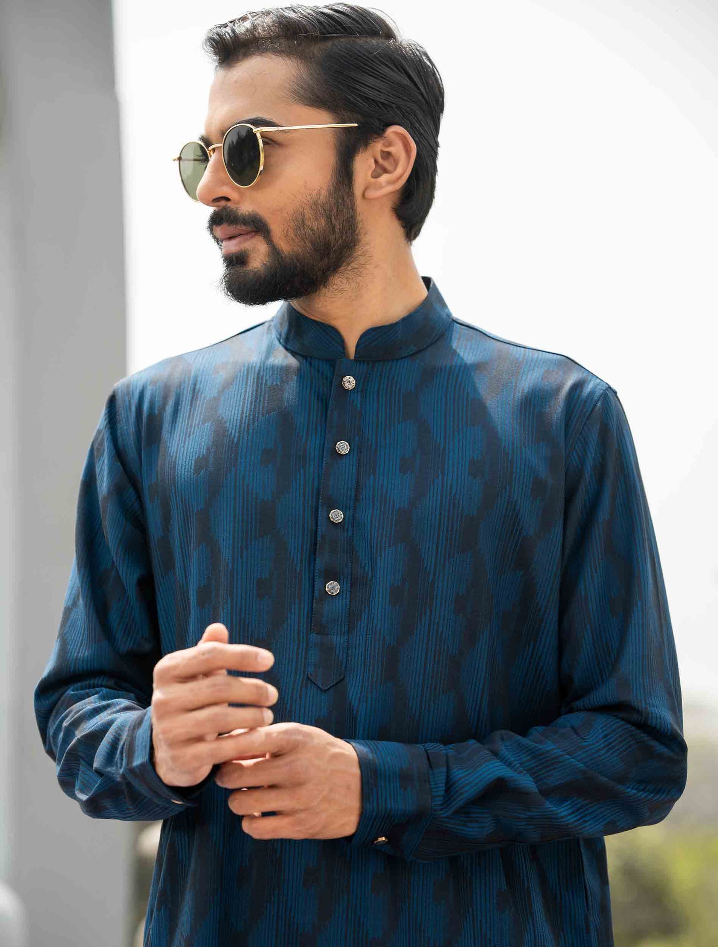 Blue stripe printed bamboo silk panjabi
