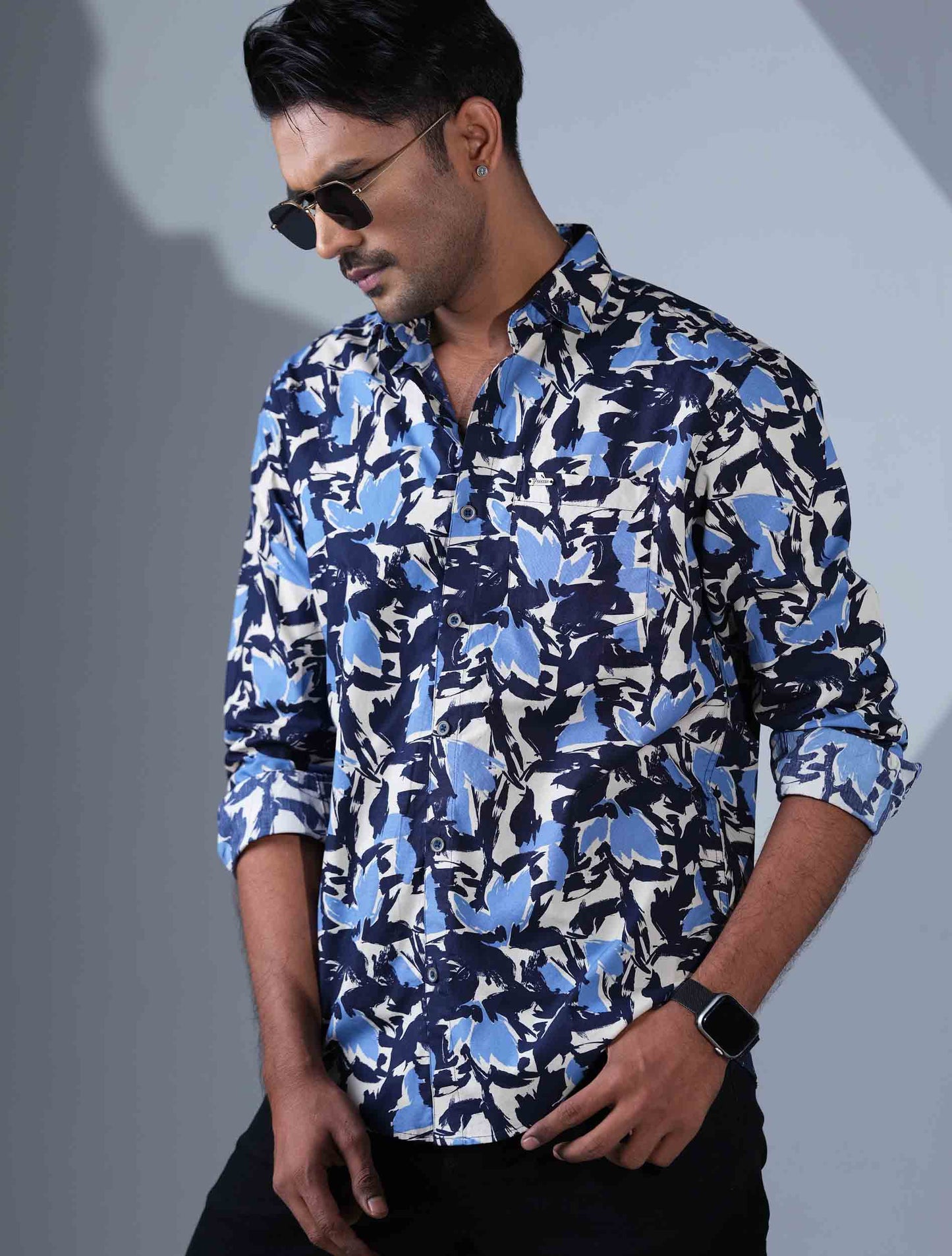 Cream Black Blue printed full sleeve shirt