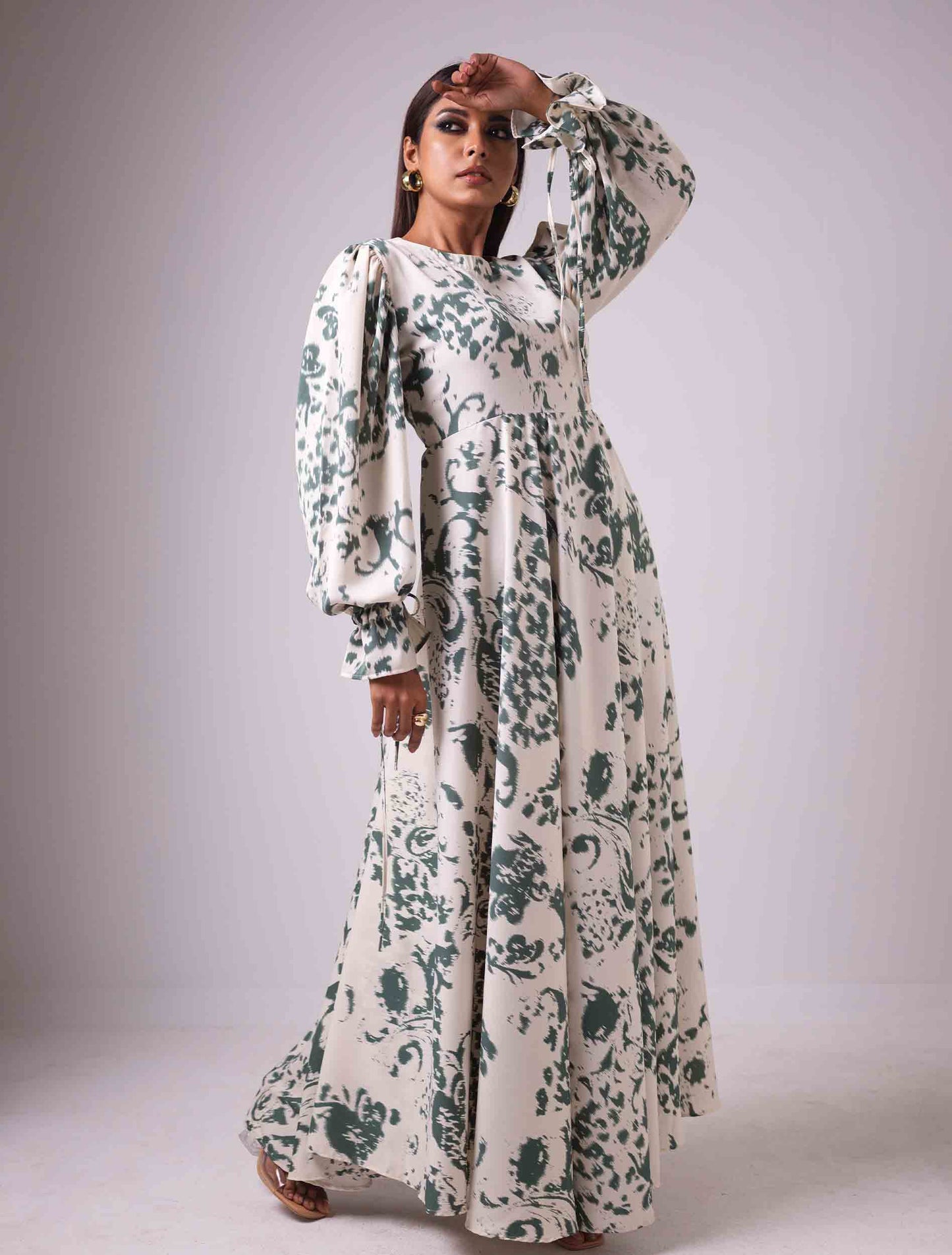 Cream green scroll printed Gown design female dress