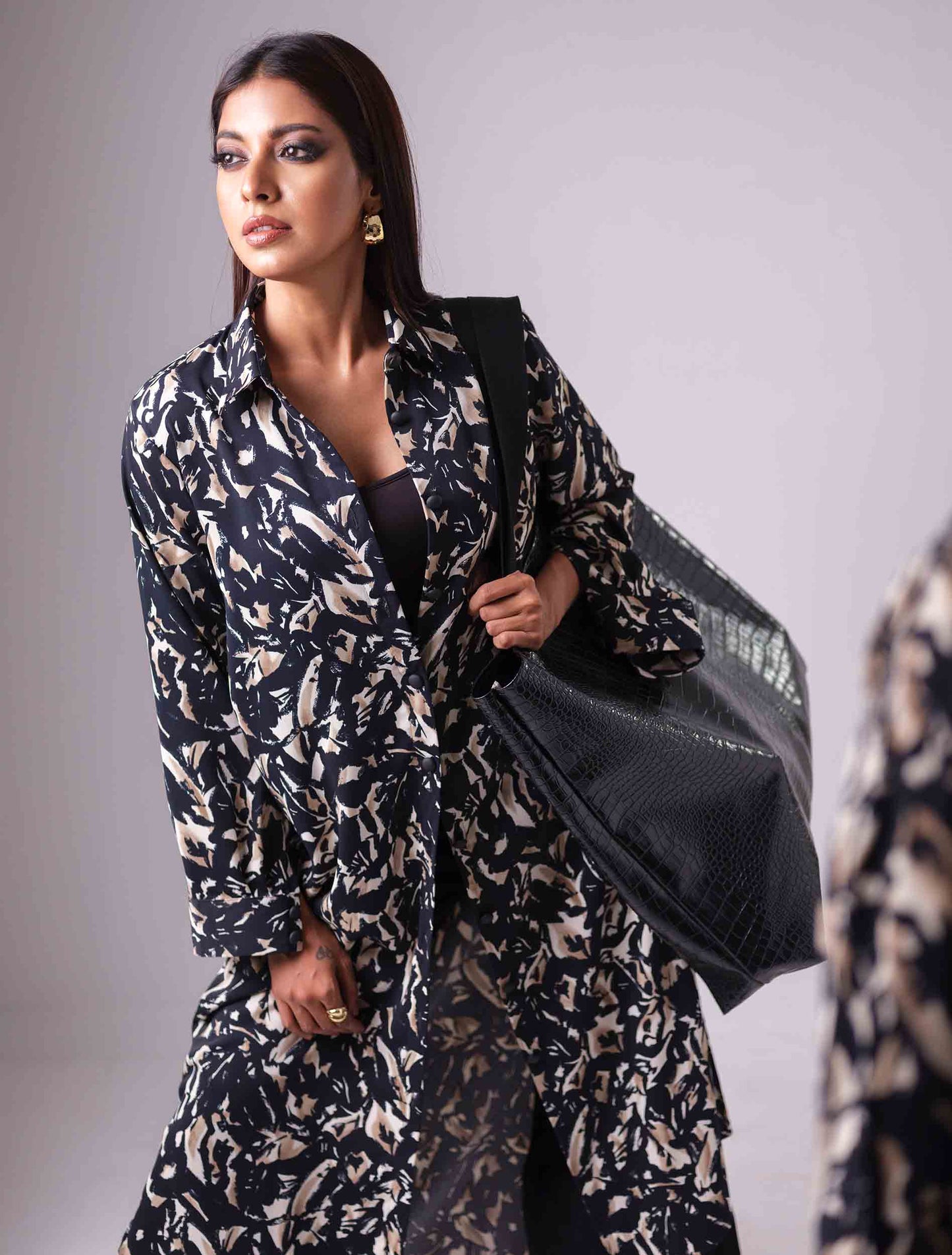 Brown cream abstract printed female long shirt