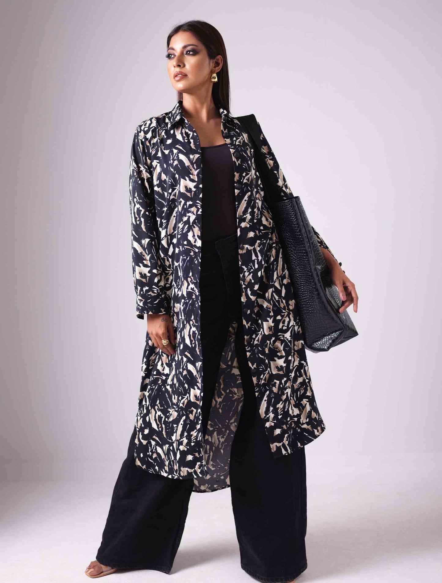 Brown cream abstract printed female long shirt
