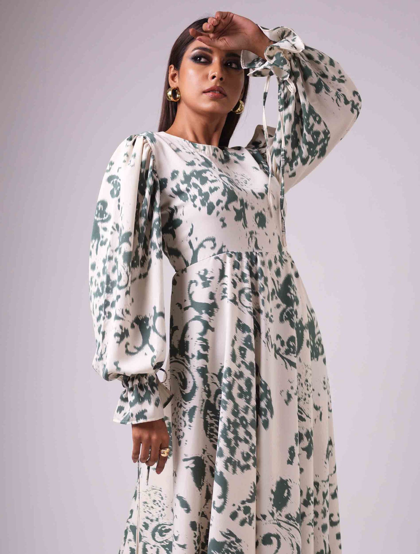 Cream green scroll printed Gown design female dress