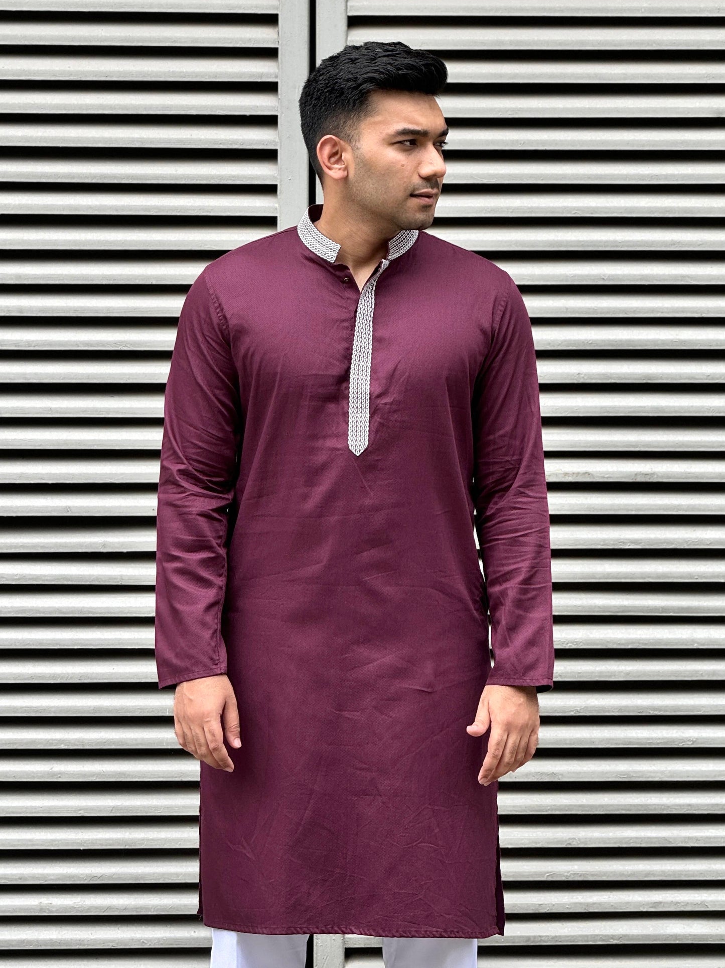 Wine color plate embroidery premium panjabi