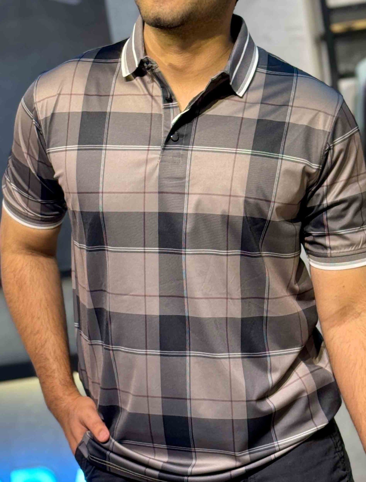 Fossil grey Black check premium polo shirt