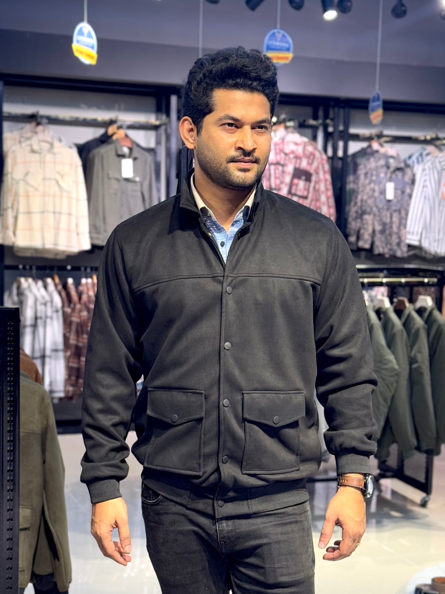 Black suede leather high neck jacket