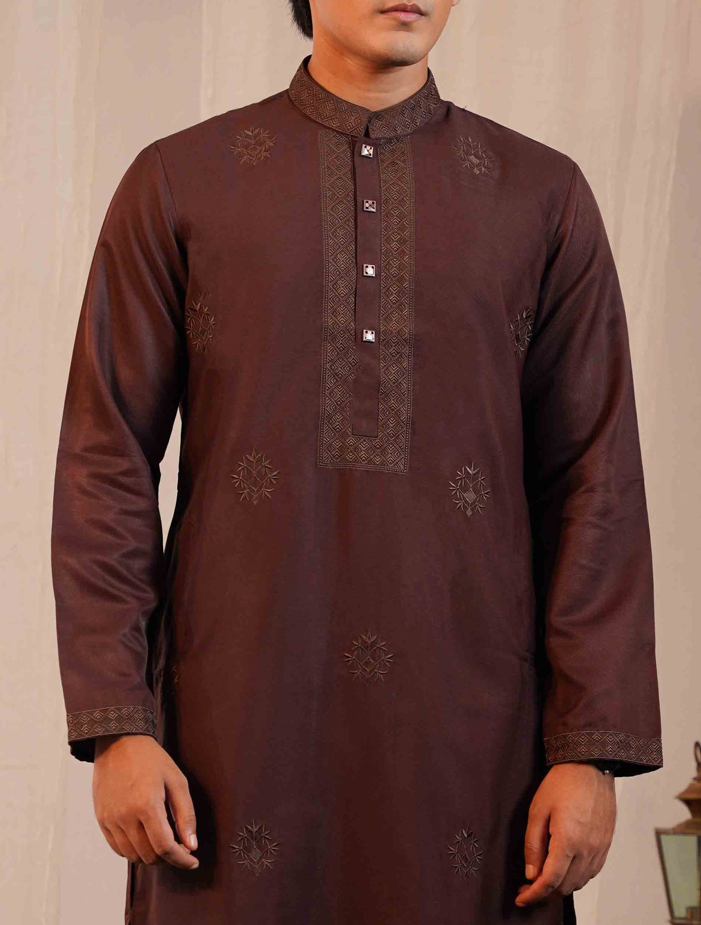 Dark chocolate black collar cuff Embroidery premium Panjabi