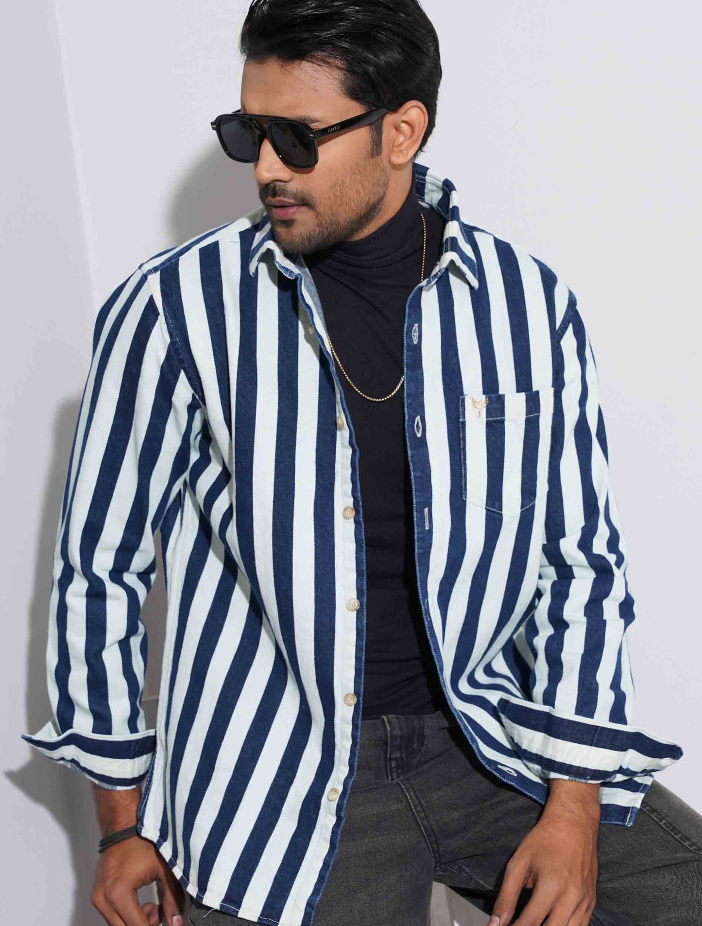 White and blue stripe denim full sleeve shirt