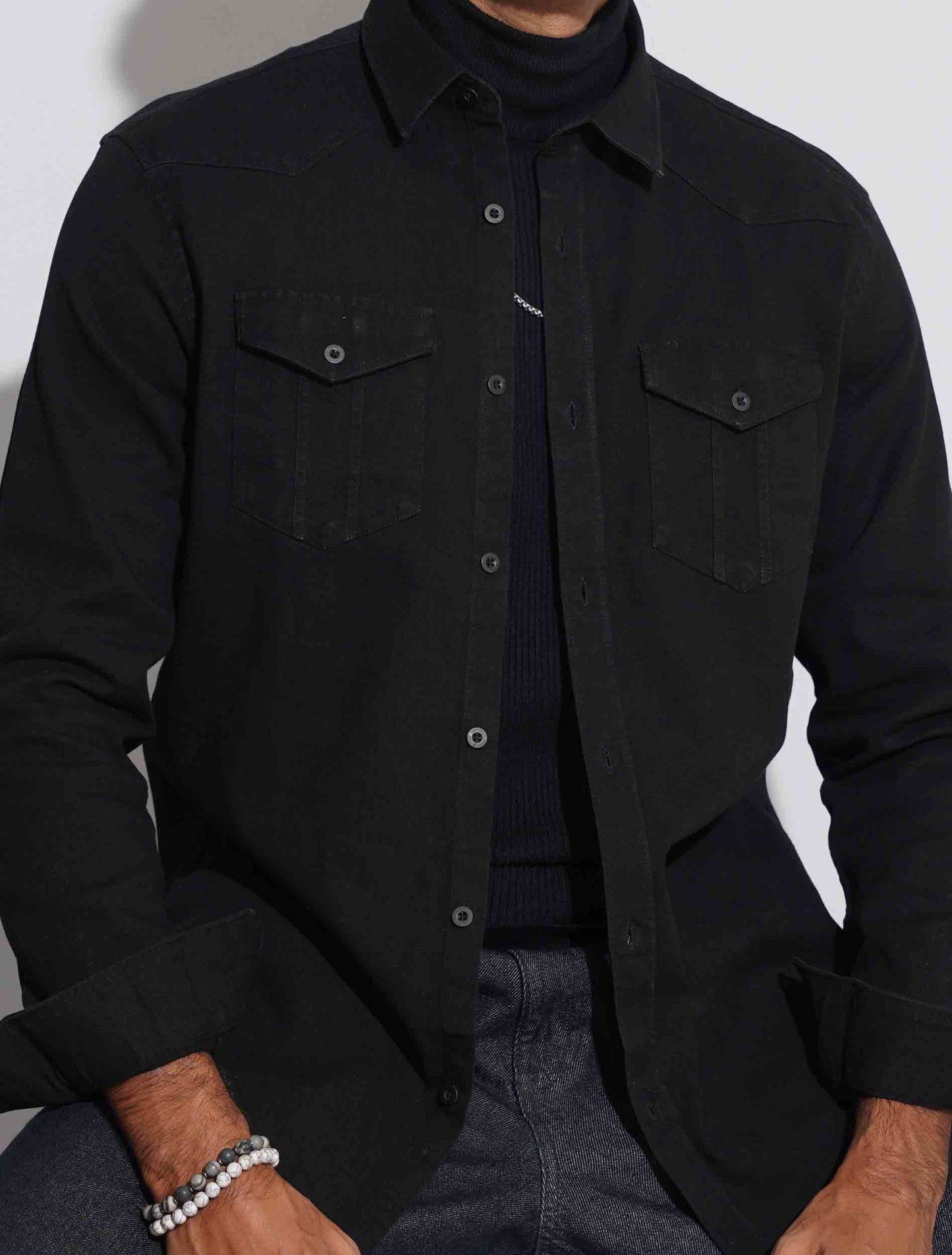 Black double pocket denim full sleeve shirt