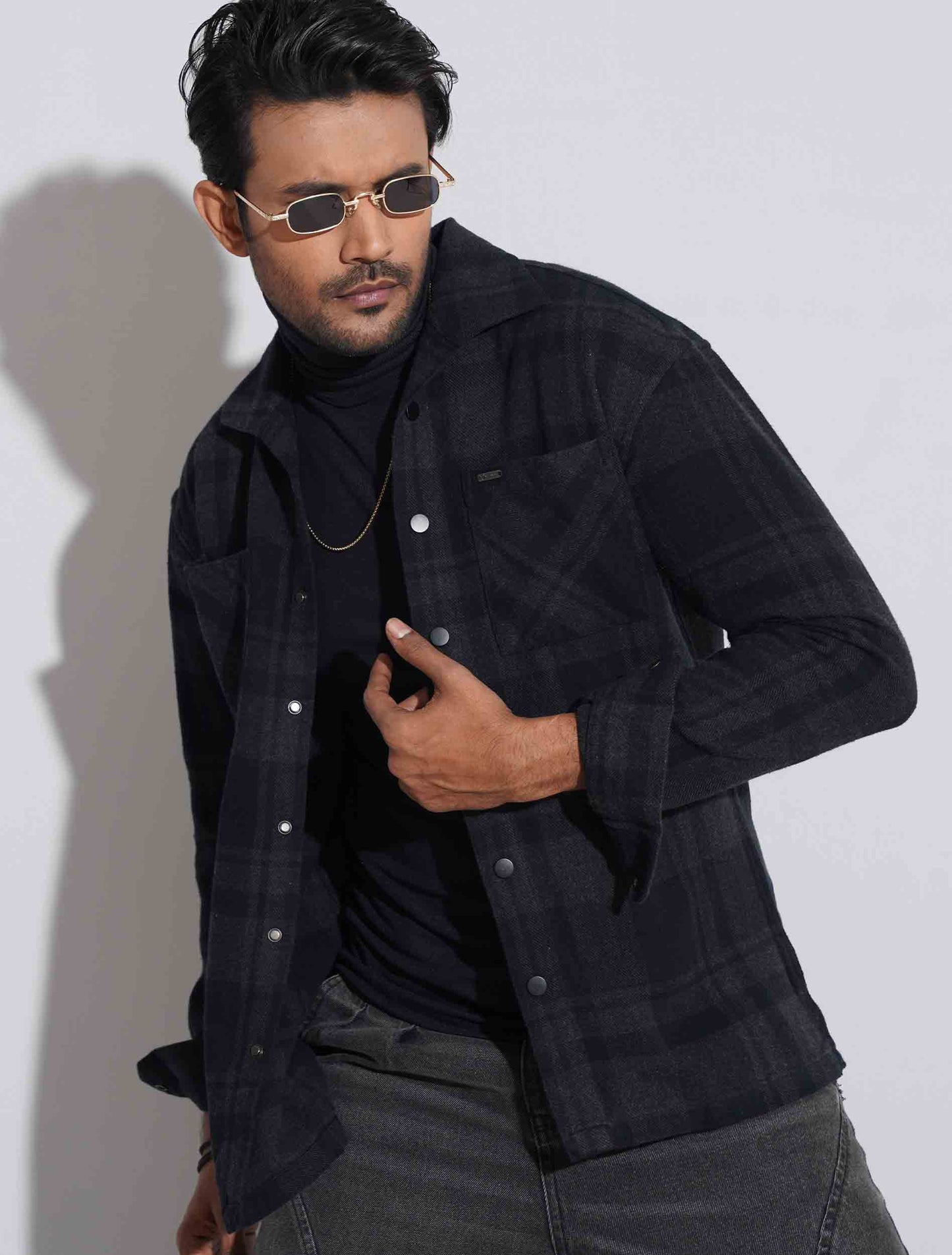 Black flannel check shacket