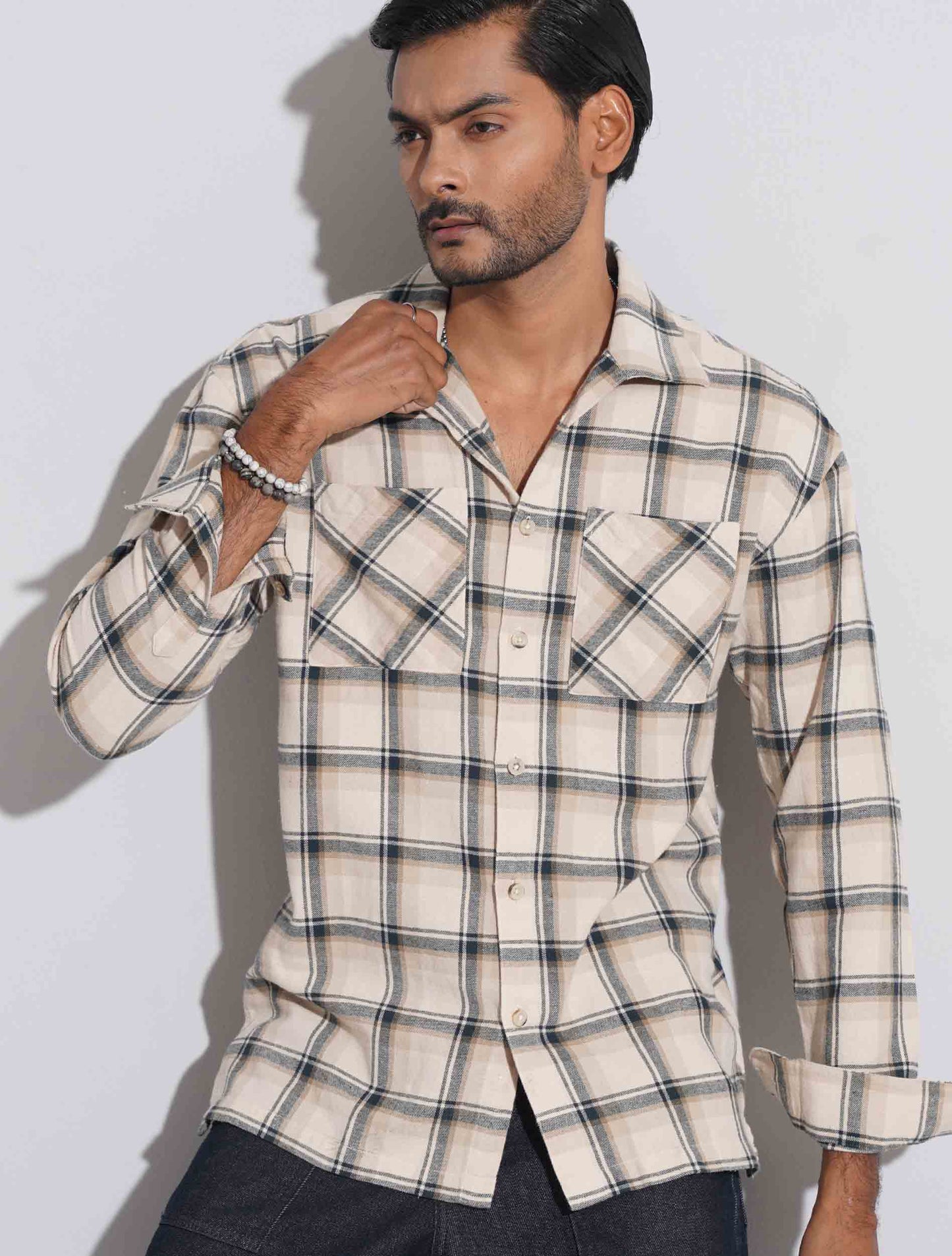 Ivory cream check flannel fabric shacket