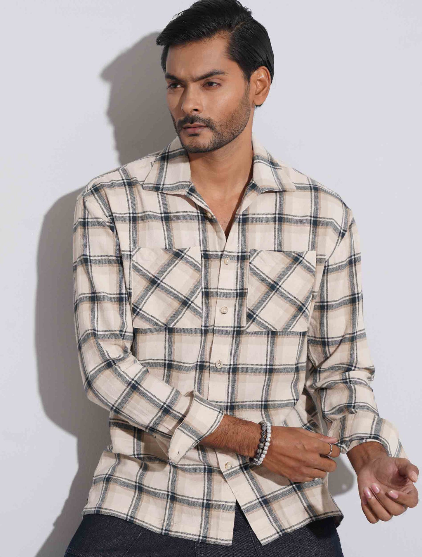 Ivory cream check flannel fabric shacket