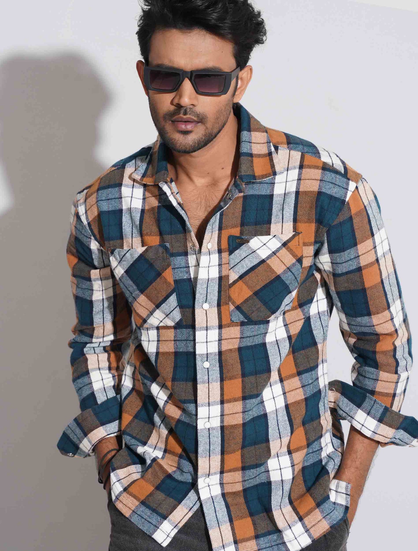 Orange blue flannel double pocket shirt