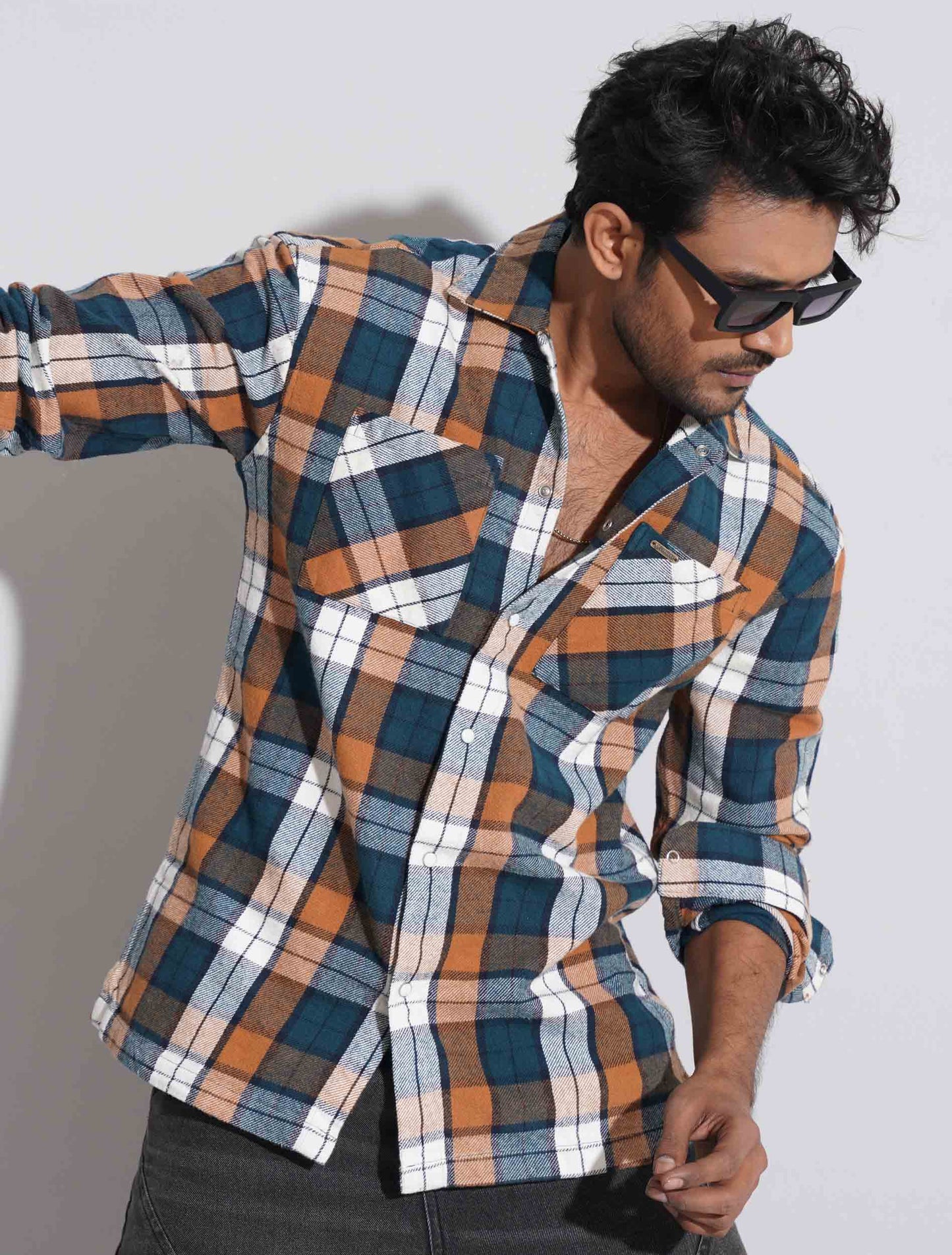 Orange blue flannel double pocket shirt