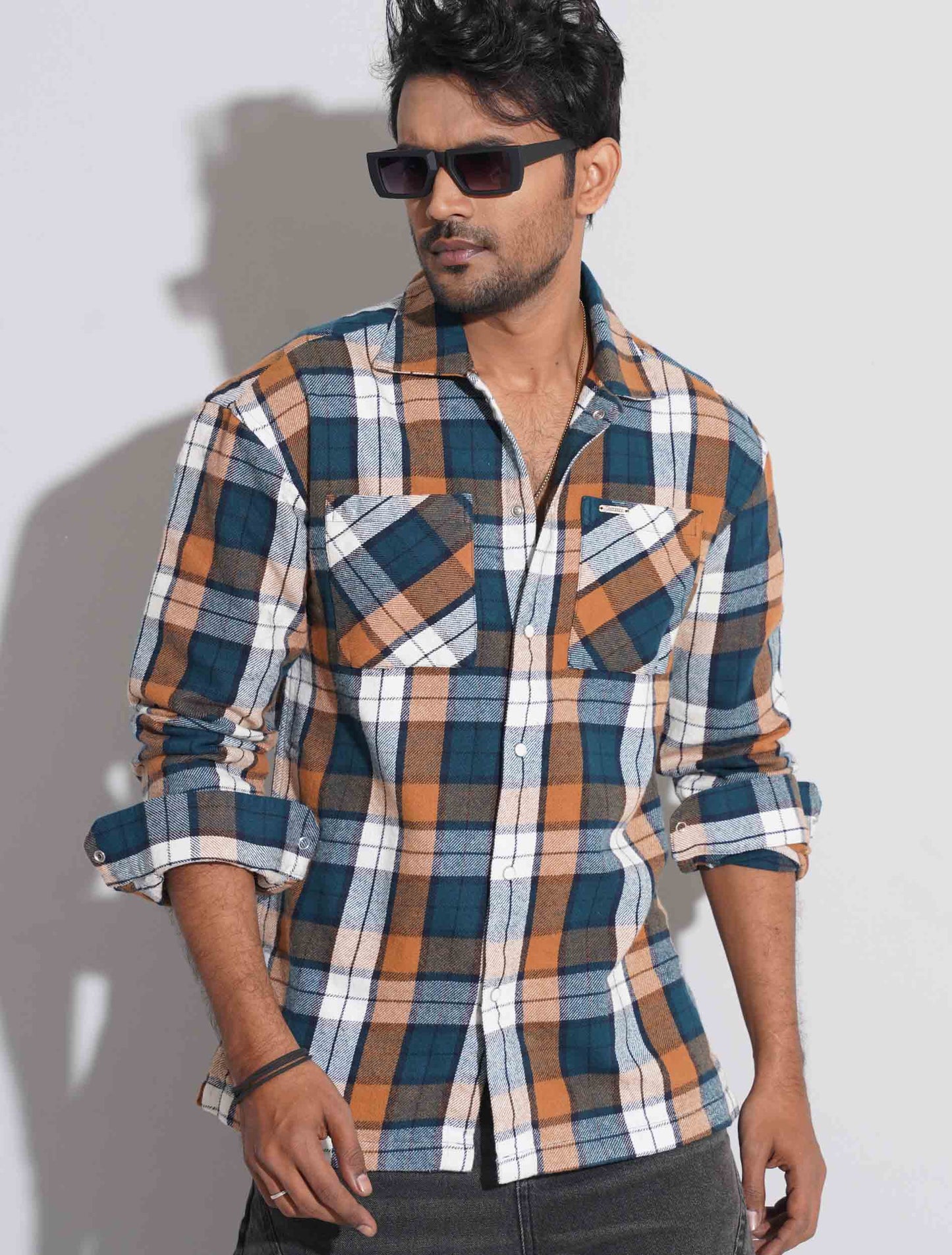 Orange blue flannel double pocket shirt