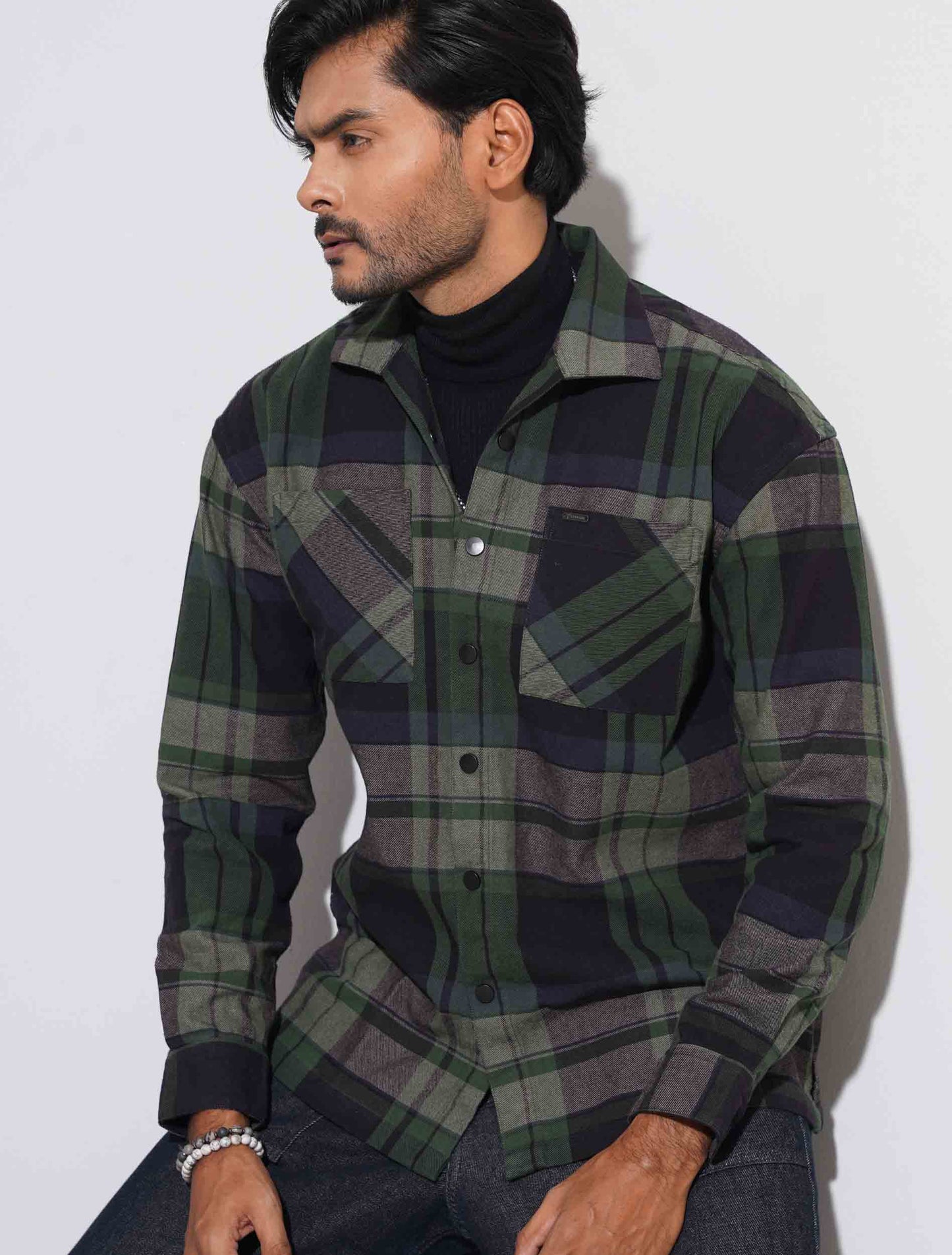 Green black flannel shacket