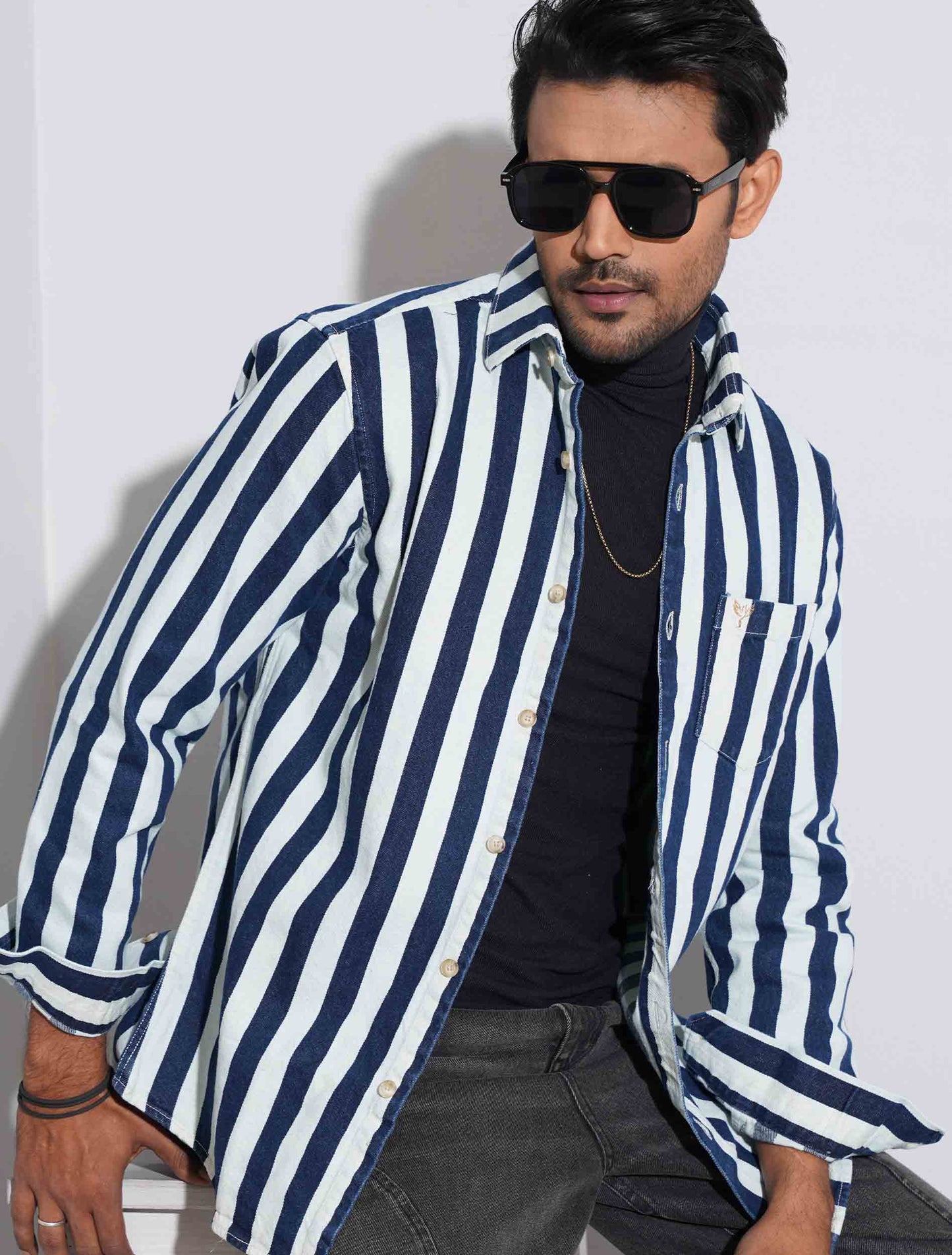 White and blue stripe denim full sleeve shirt
