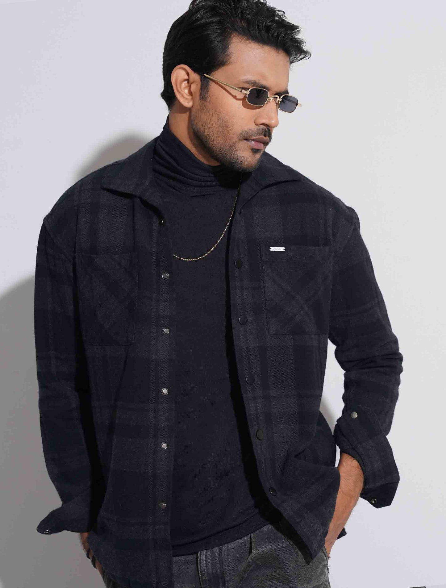 Black flannel check shacket