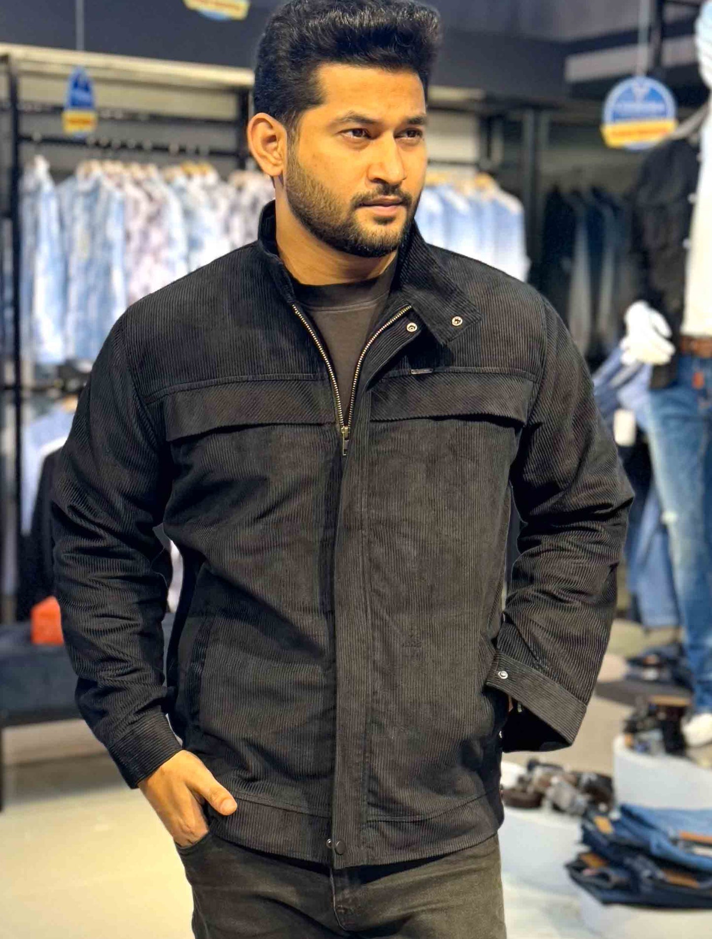 Black chest plated corduroy jacket