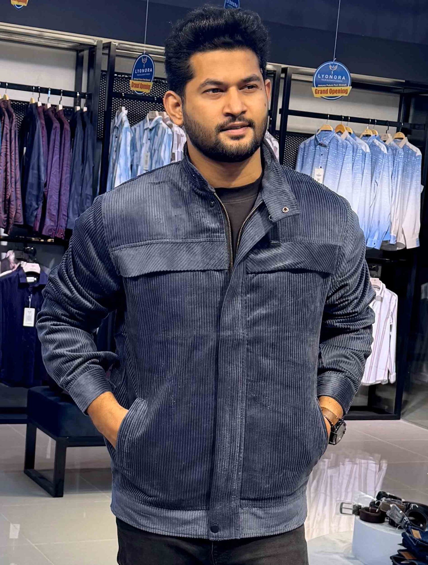 Pewter color chest plated corduroy jacket