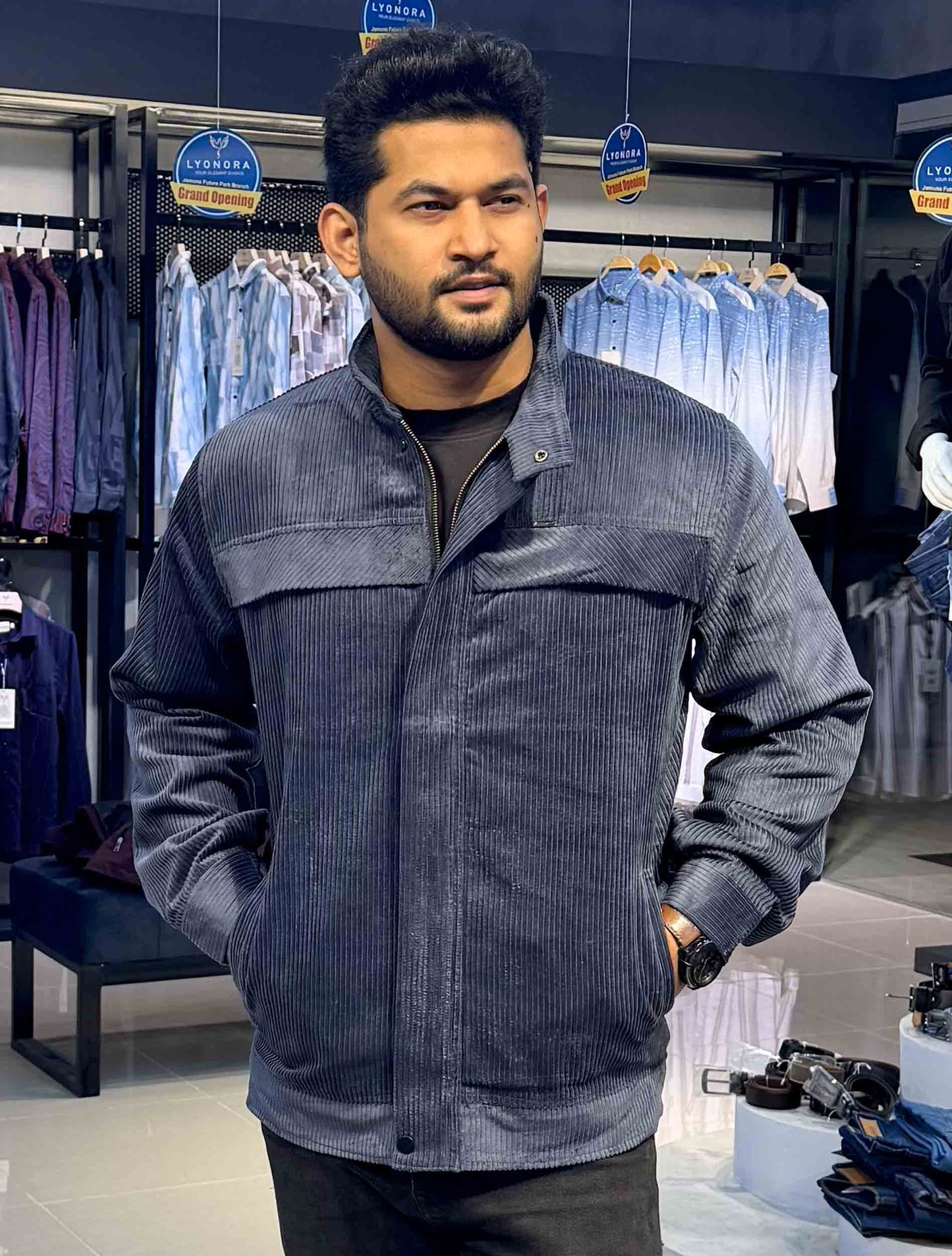 Pewter color chest plated corduroy jacket