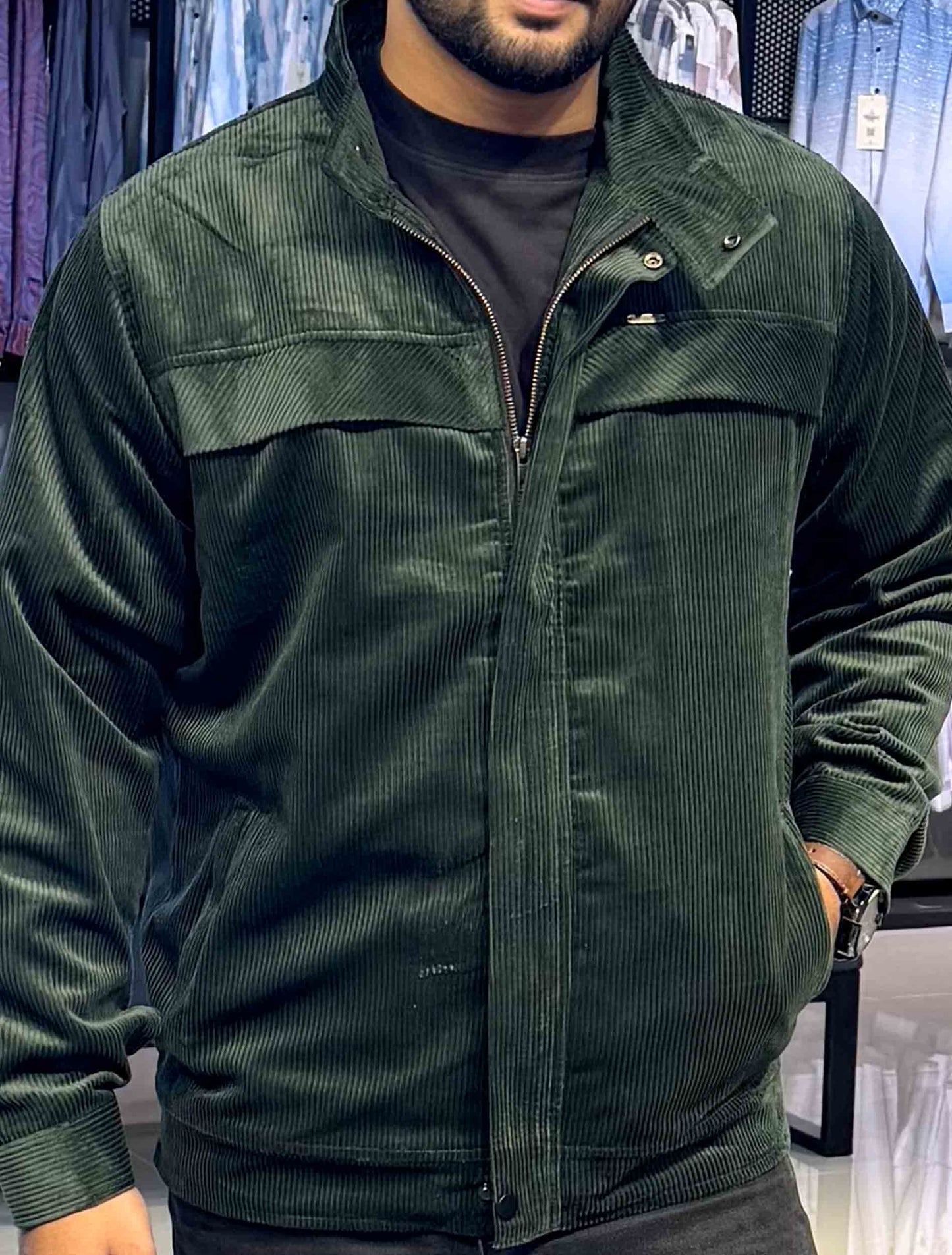 Forest green chest plated corduroy jacket